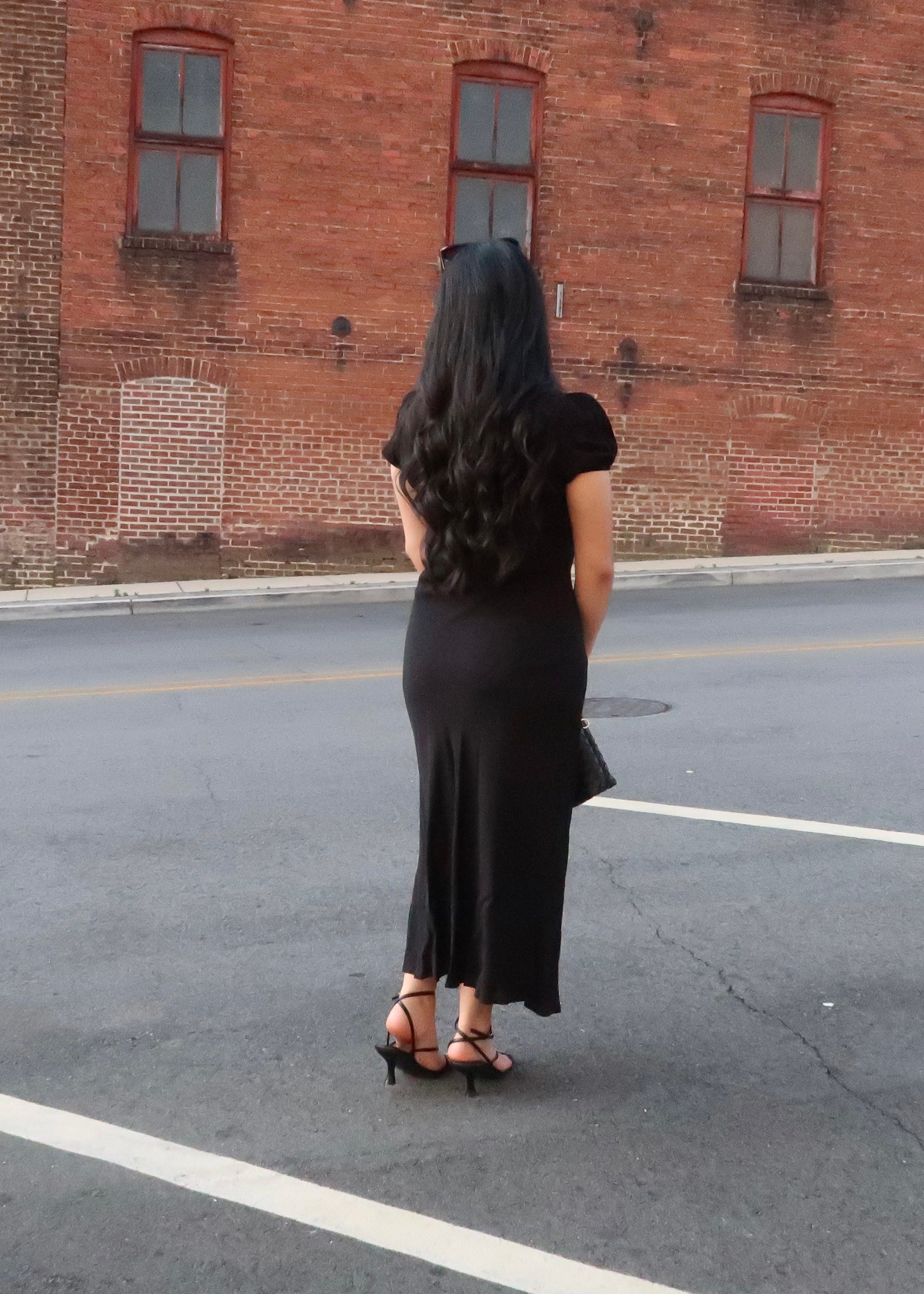 Black midi dress, v-neck, short sleeve puff sleeve, lace trim