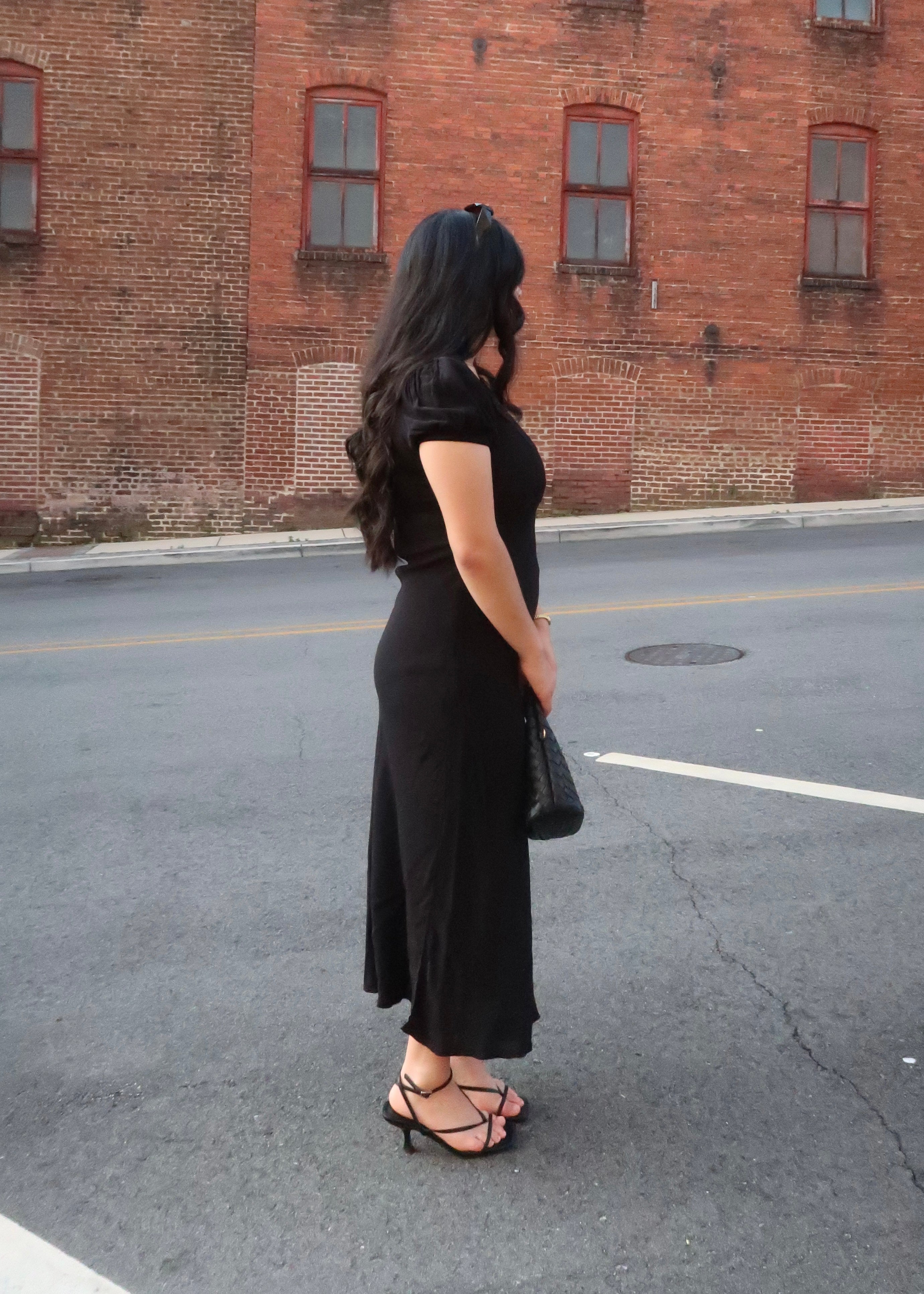 Black midi dress, v-neck, short sleeve puff sleeve, lace trim