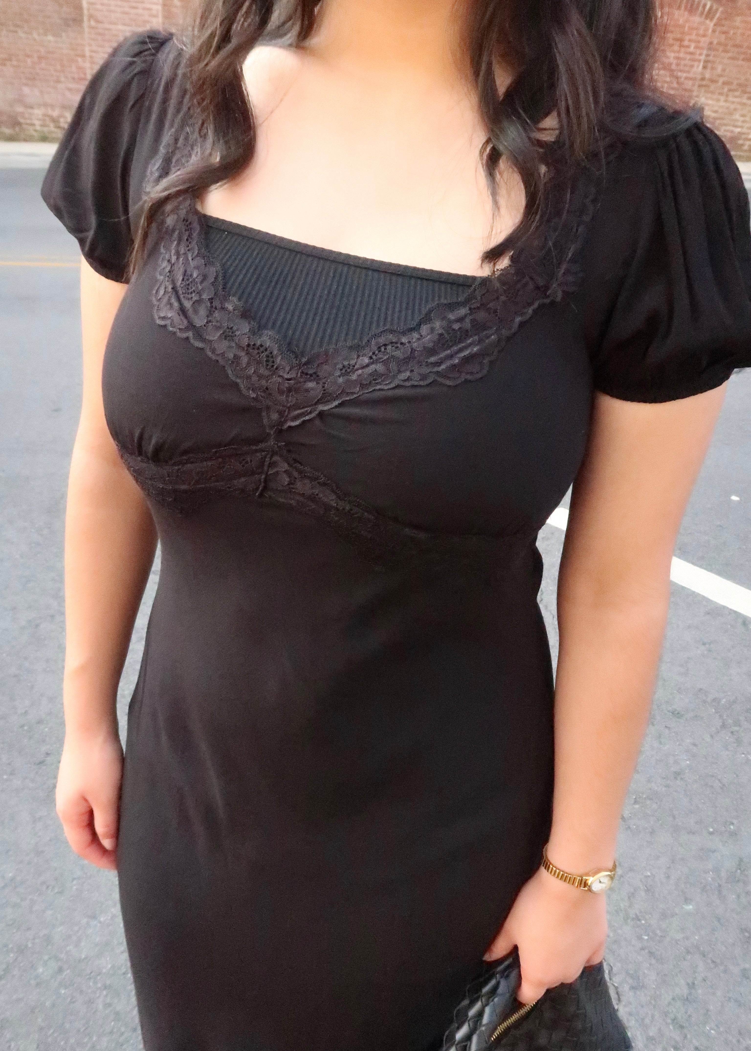 Black midi dress, v-neck, short sleeve puff sleeve, lace trim