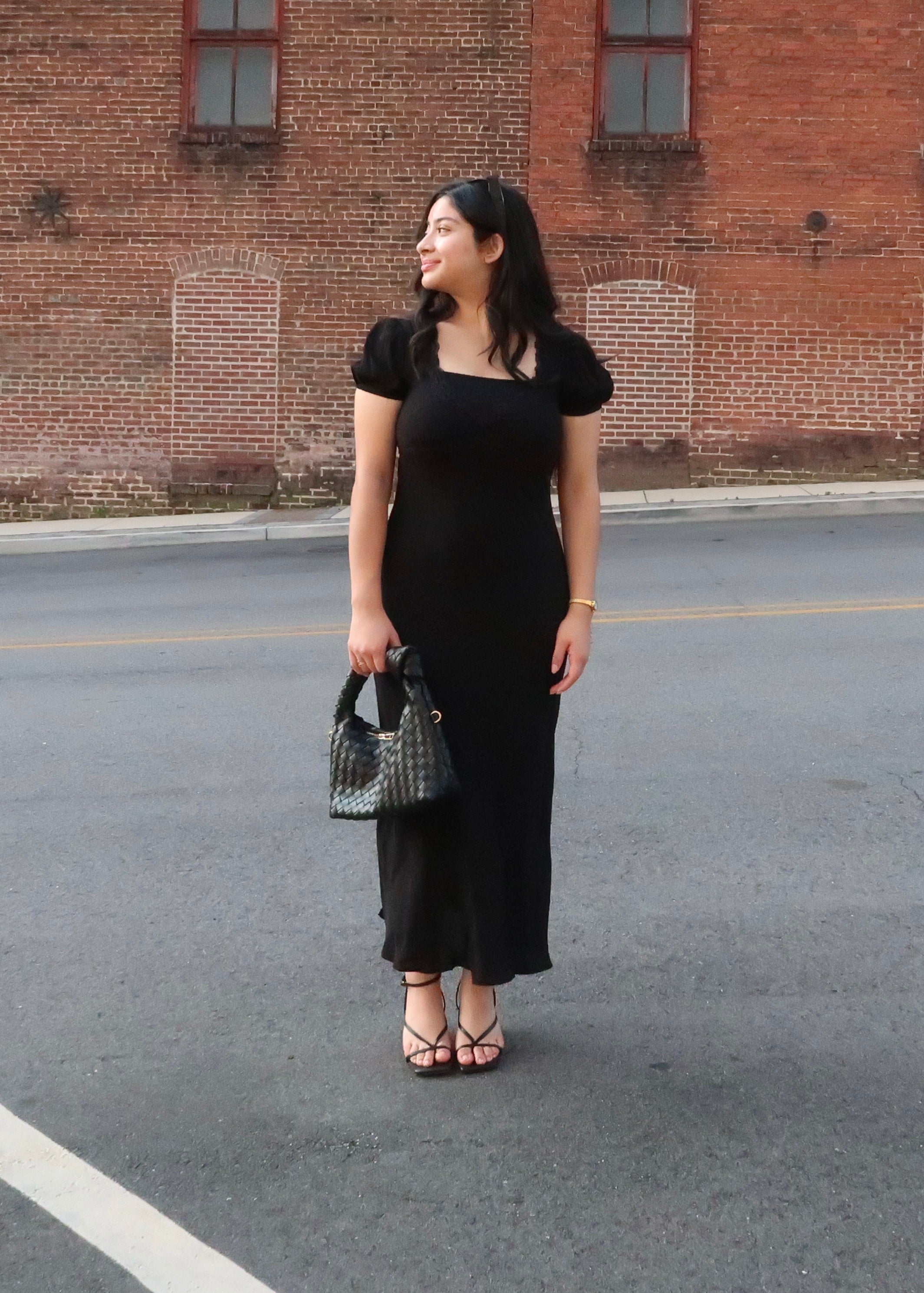 Black midi dress, v-neck, short sleeve puff sleeve, lace trim