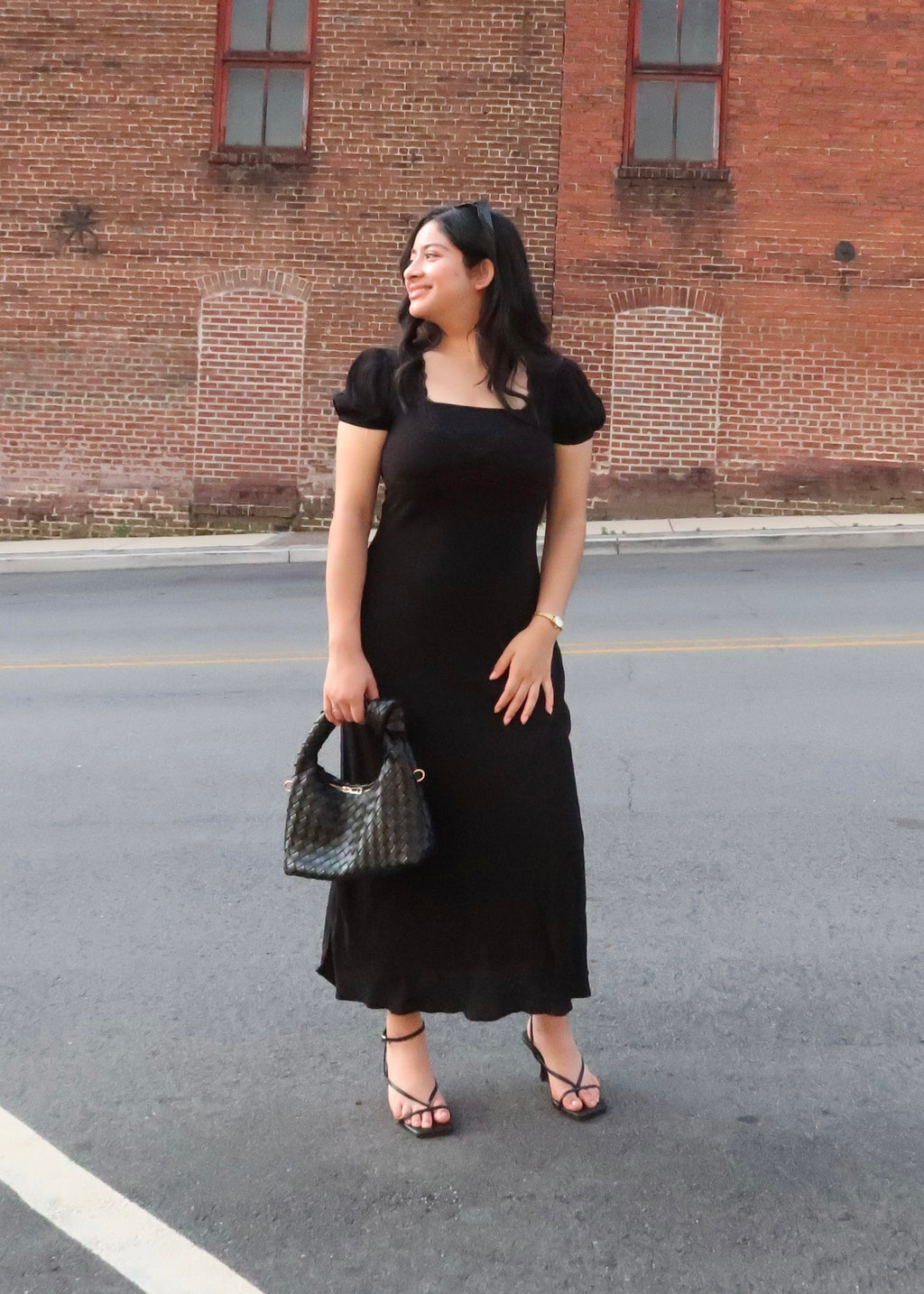 Black midi dress, v-neck, short sleeve puff sleeve, lace trim