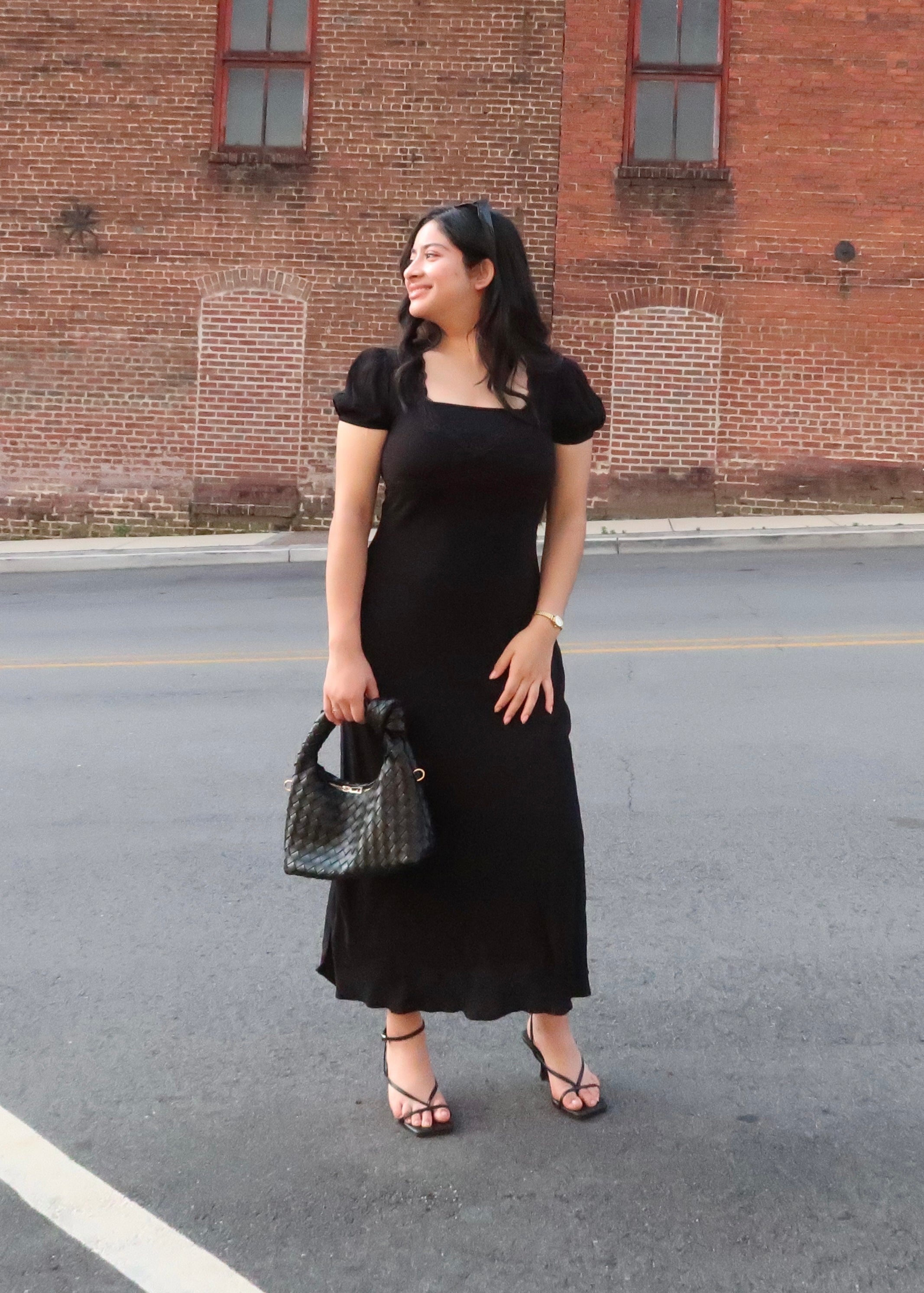 Black midi dress, v-neck, short sleeve puff sleeve, lace trim