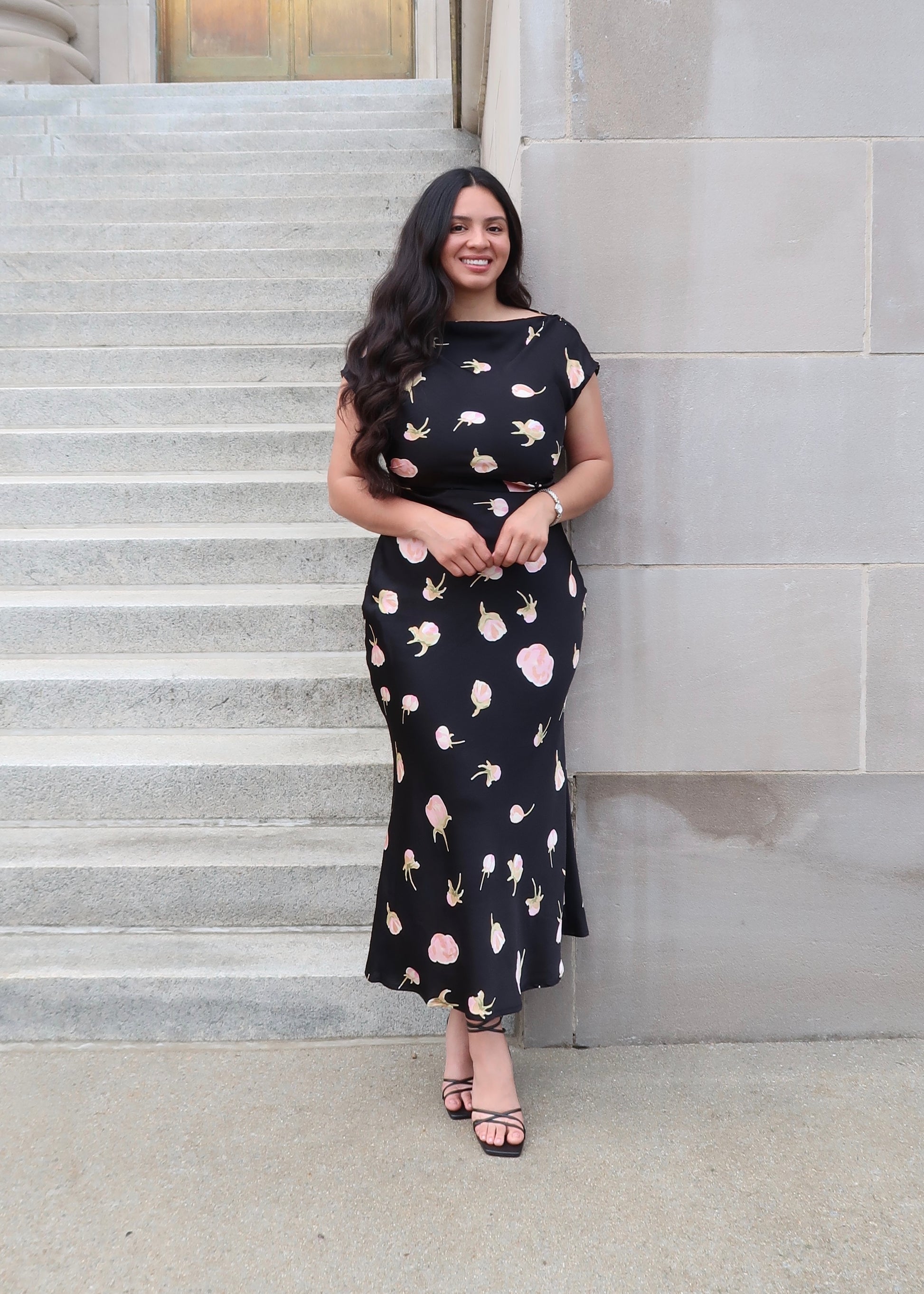 black and pink floral maxi satin dress, short sleeve, tie in the back, open back cowl neckline