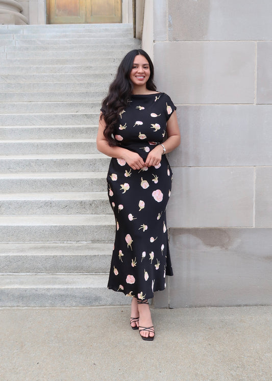 black and pink floral maxi satin dress, short sleeve, tie in the back, open back cowl neckline