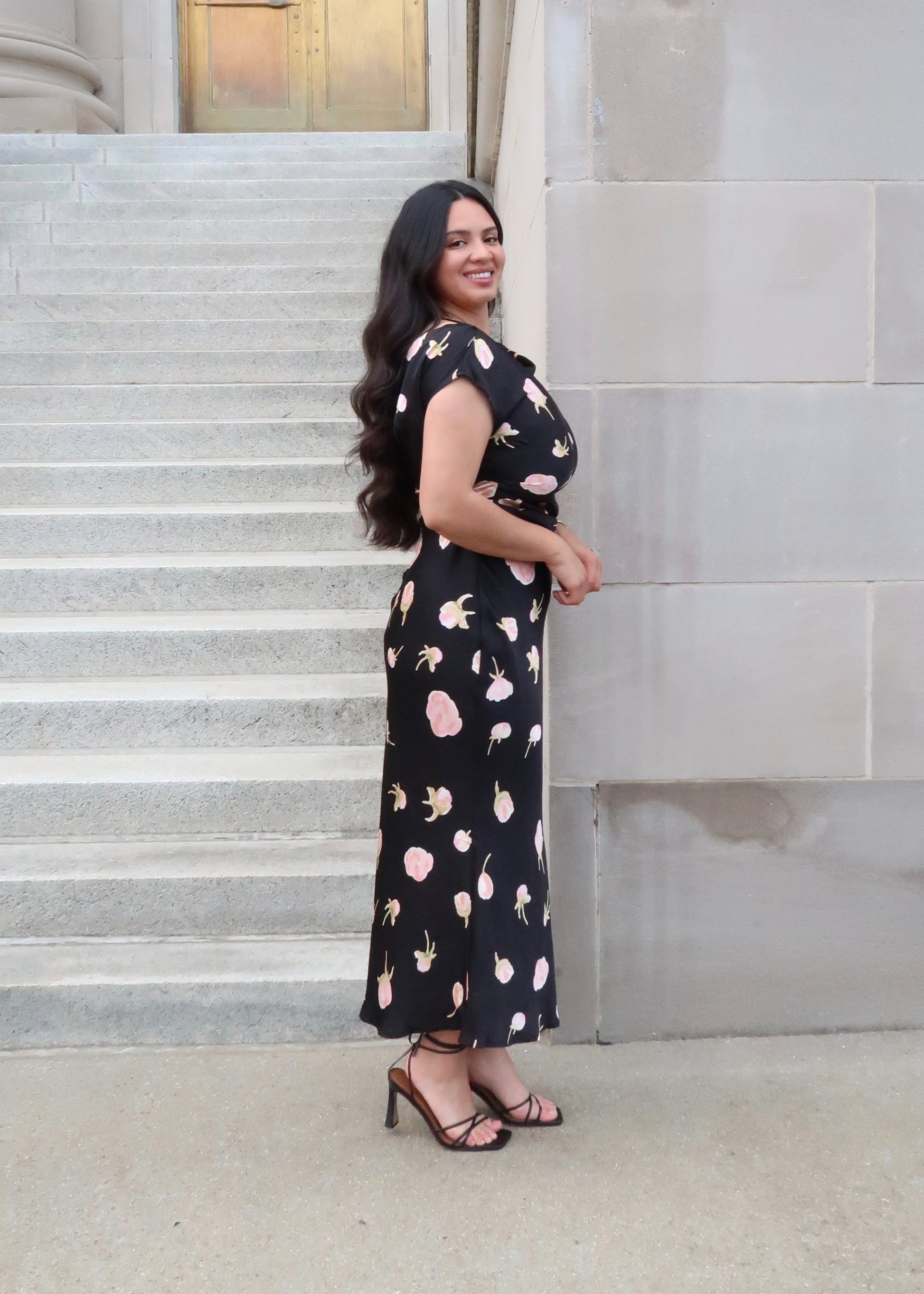 black and pink floral maxi satin dress, short sleeve, tie in the back, open back cowl neckline