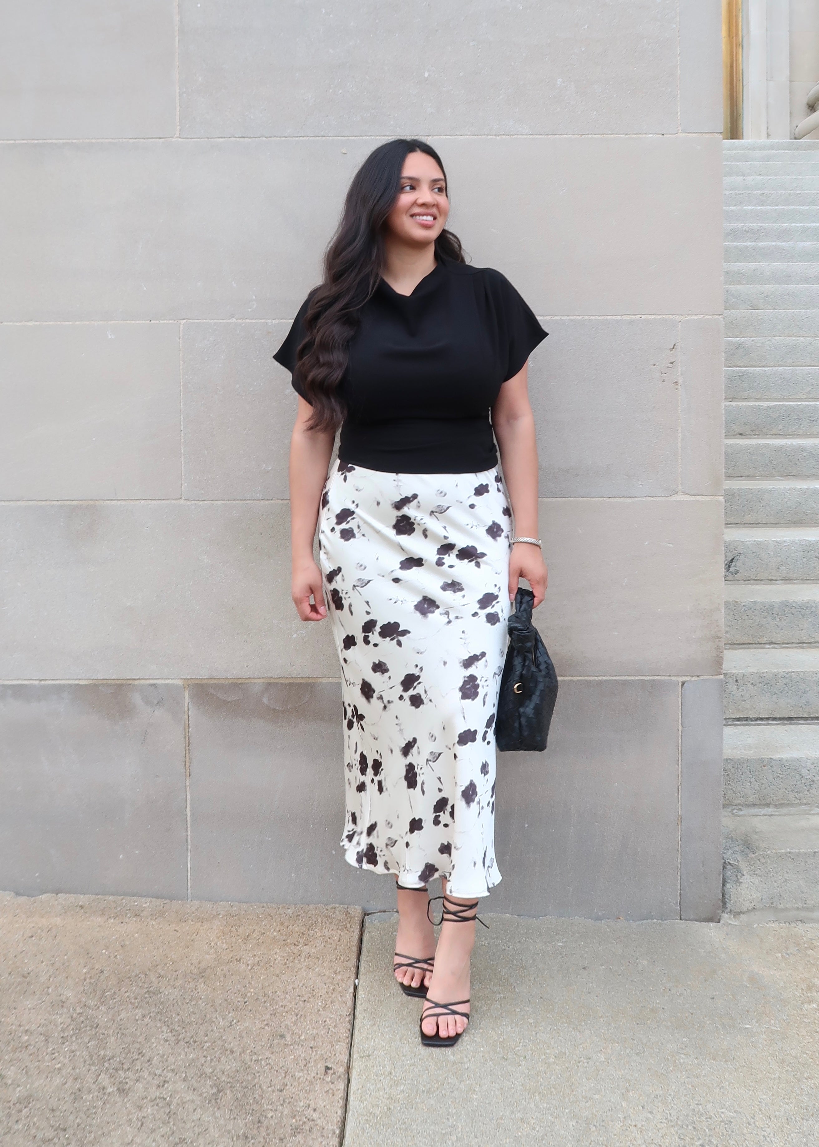 cream and black floral satin midi skirt 