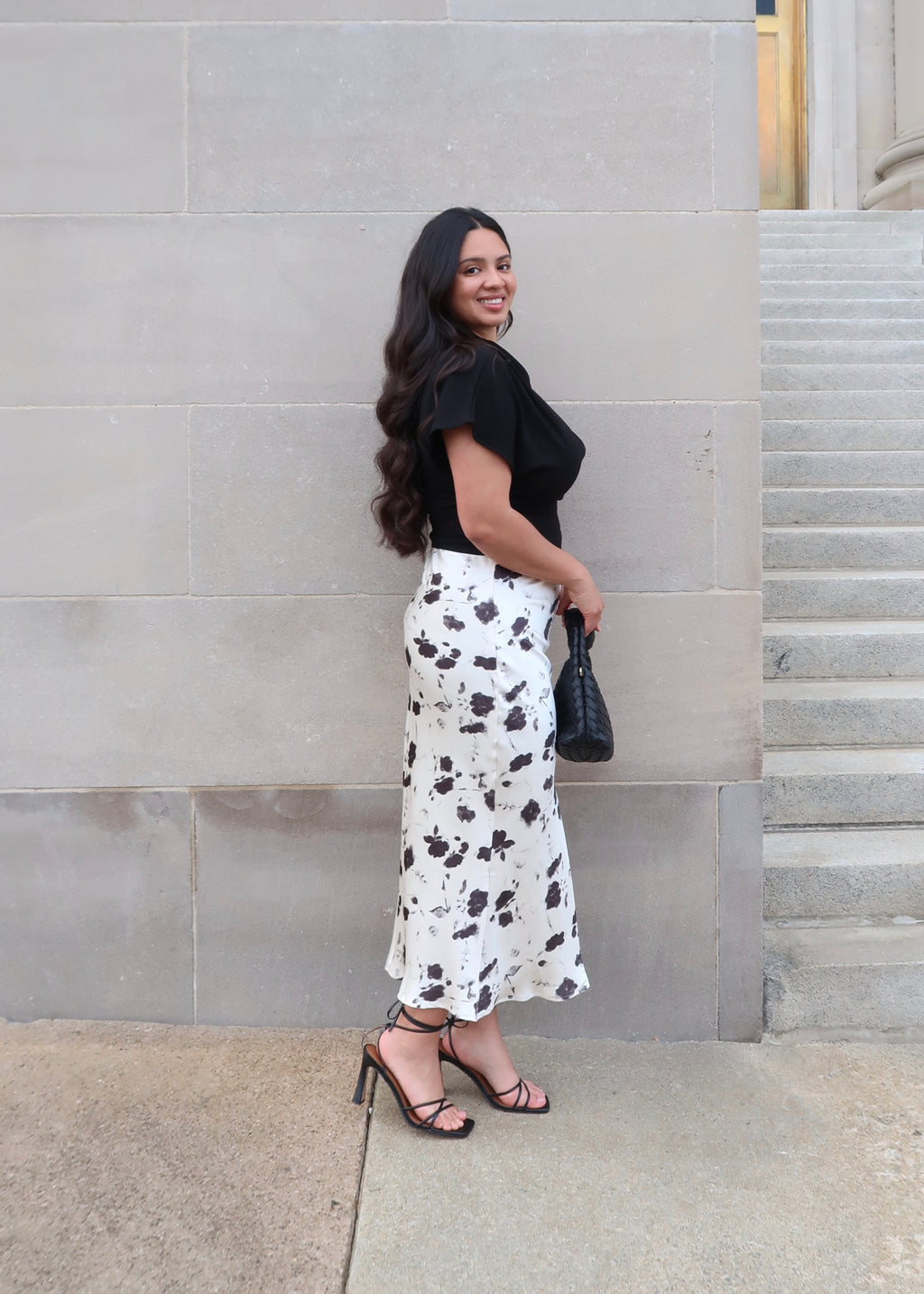 cream and black floral satin midi skirt 