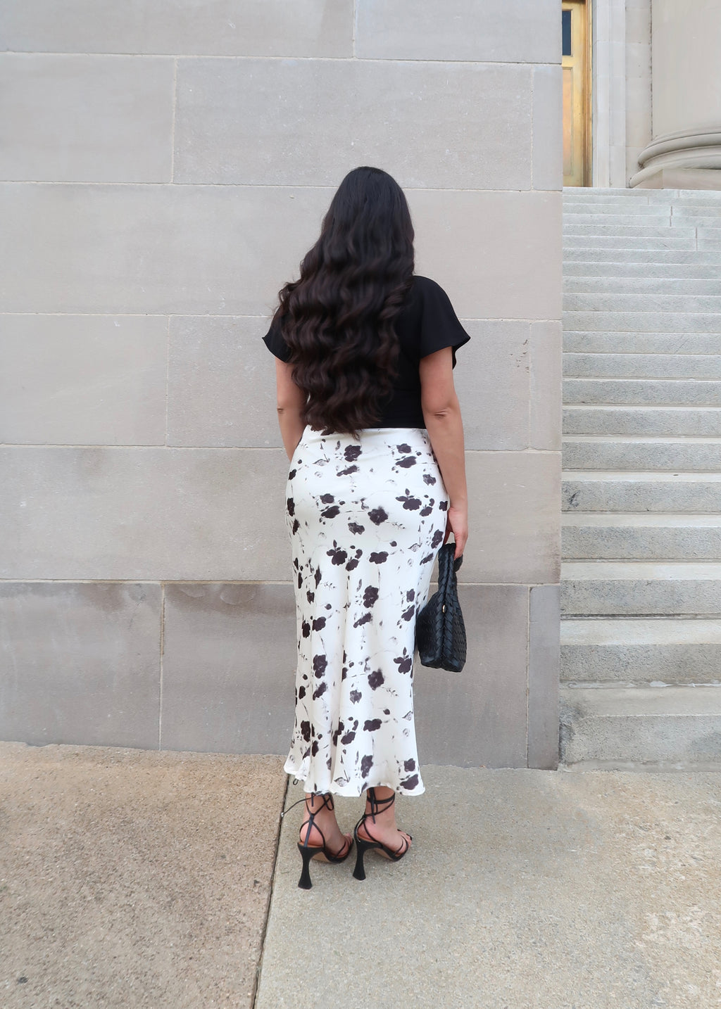 cream and black floral satin midi skirt 