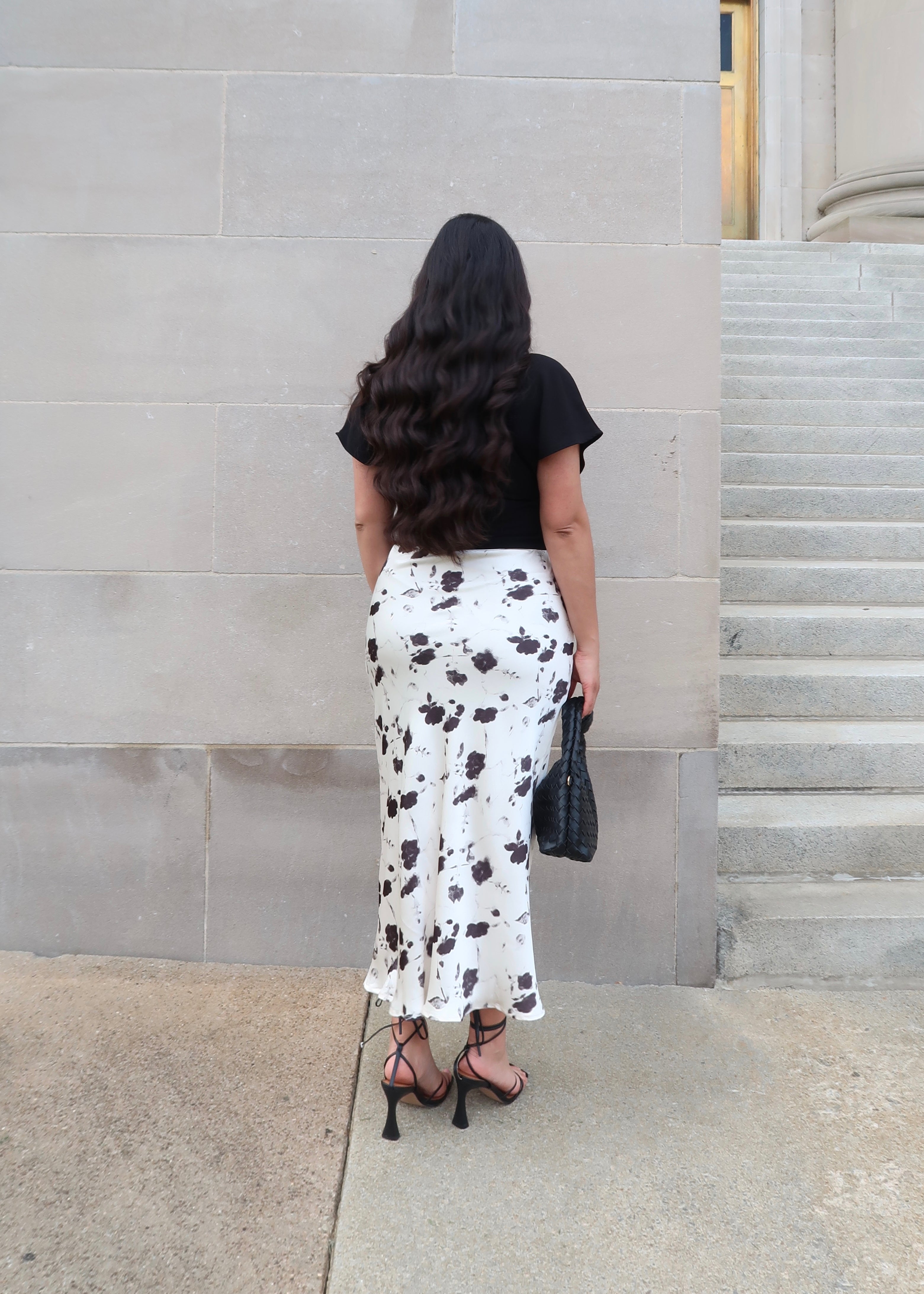 cream and black floral satin midi skirt 