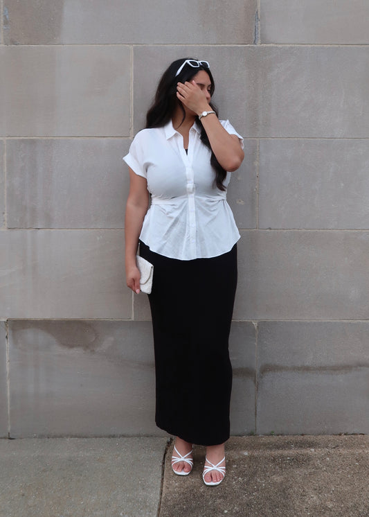 White waist tie blouse, button down, collared, short sleeve, peplum