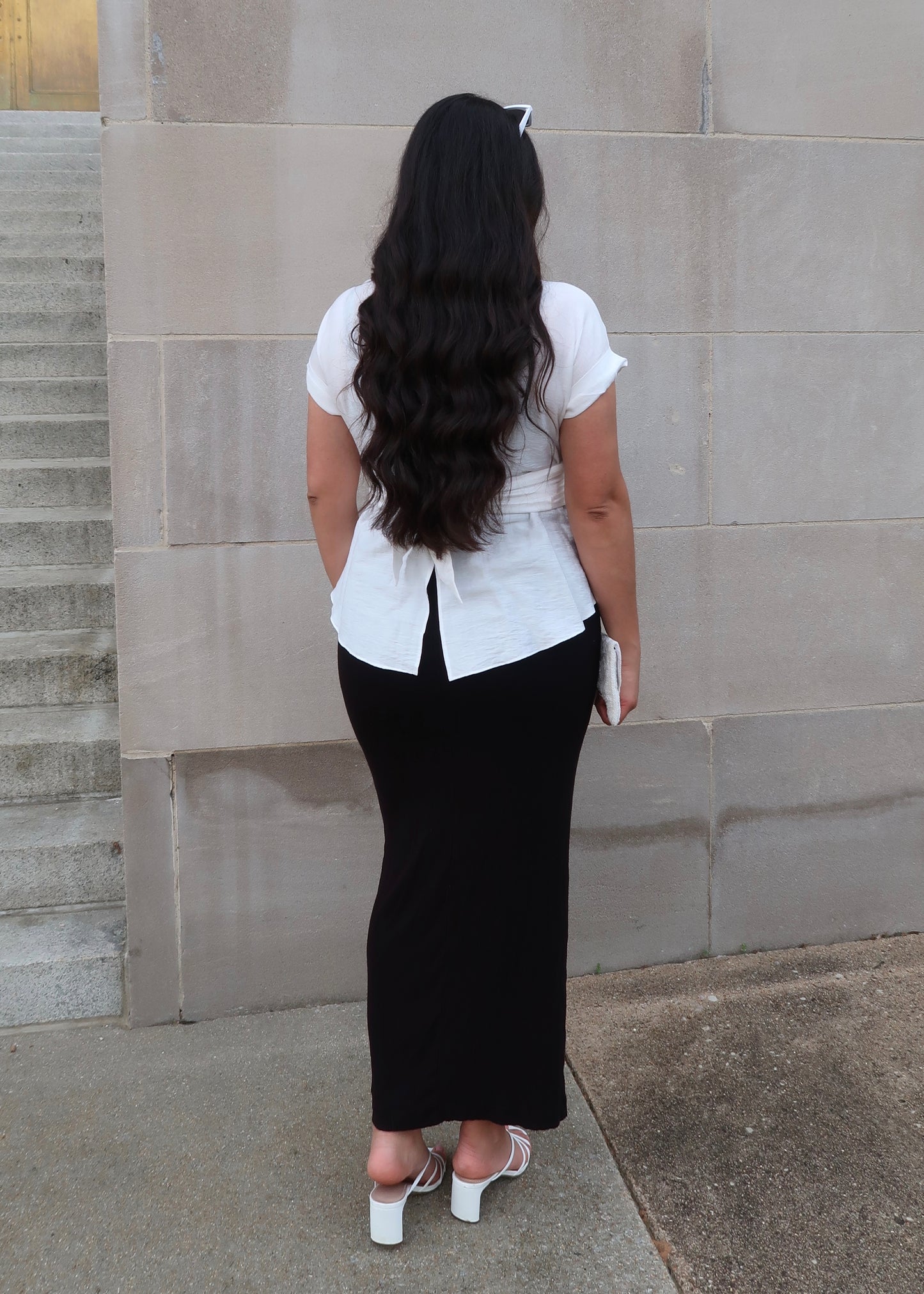 White waist tie blouse, button down, collared, short sleeve, peplum
