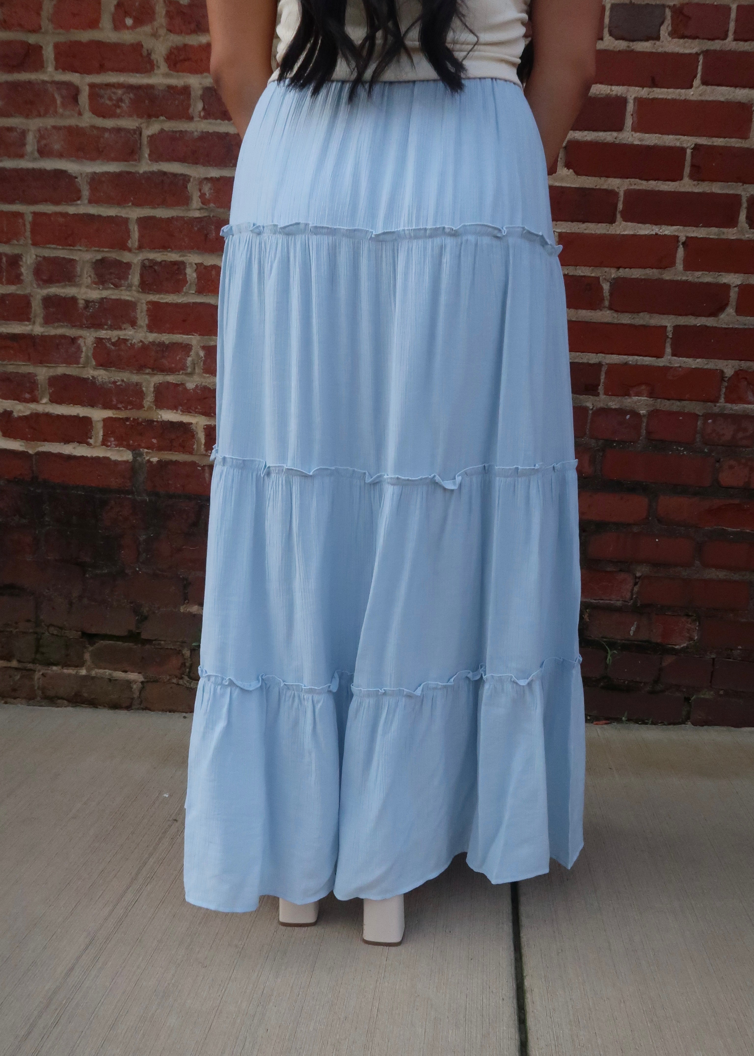 baby blue tiered maxi skirt 
