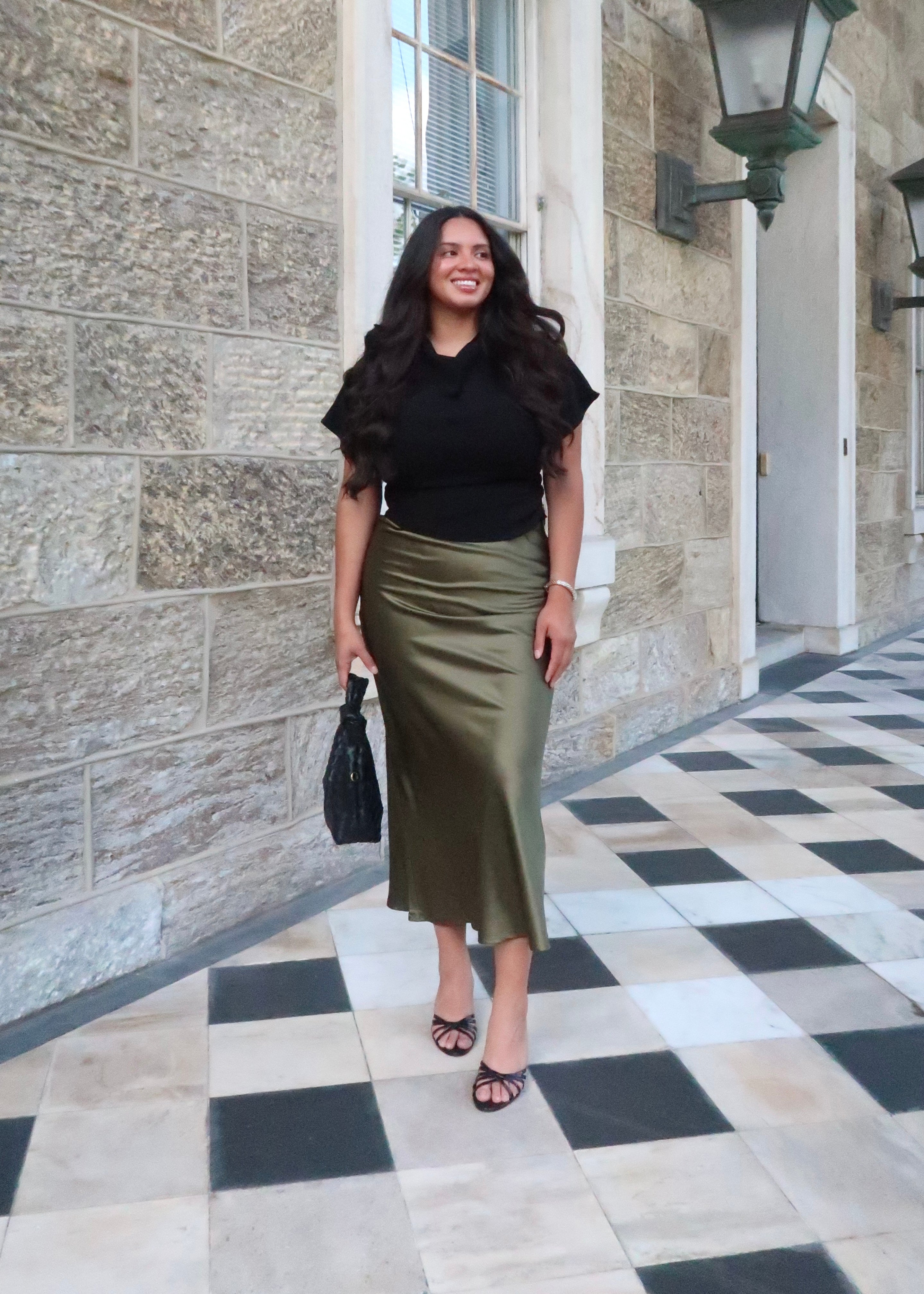 olive green satin midi skirt 