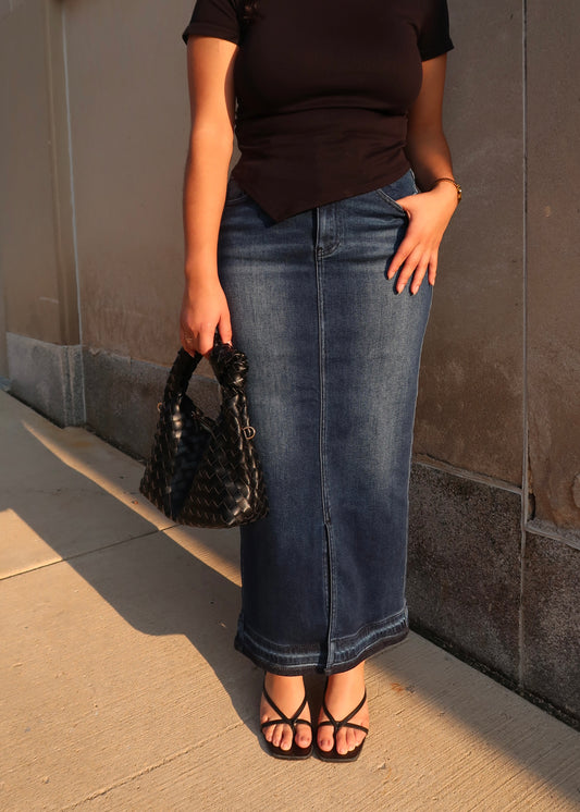 raw hem, denim blue, front slit maxi denim skirt, high waisted 