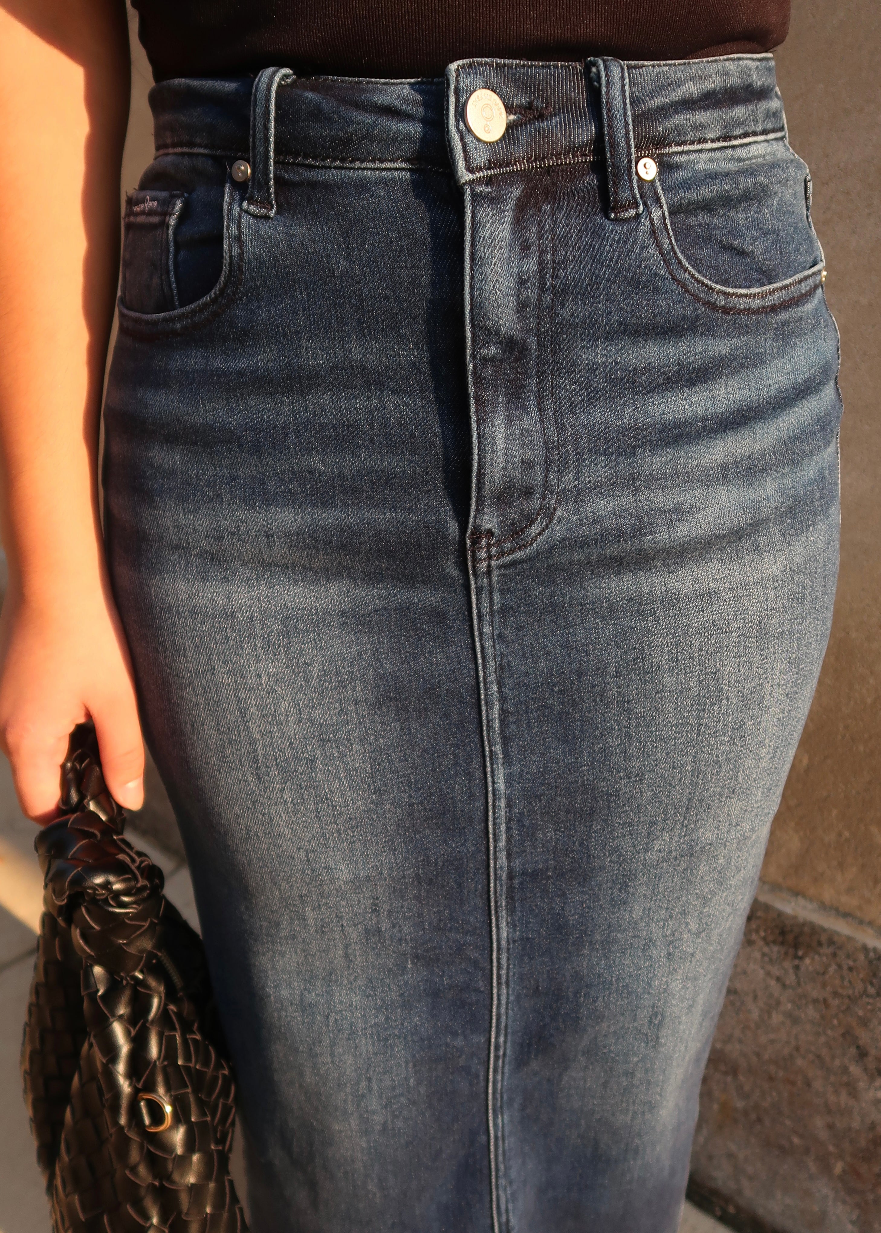 raw hem, denim blue, front slit maxi denim skirt, high waisted 