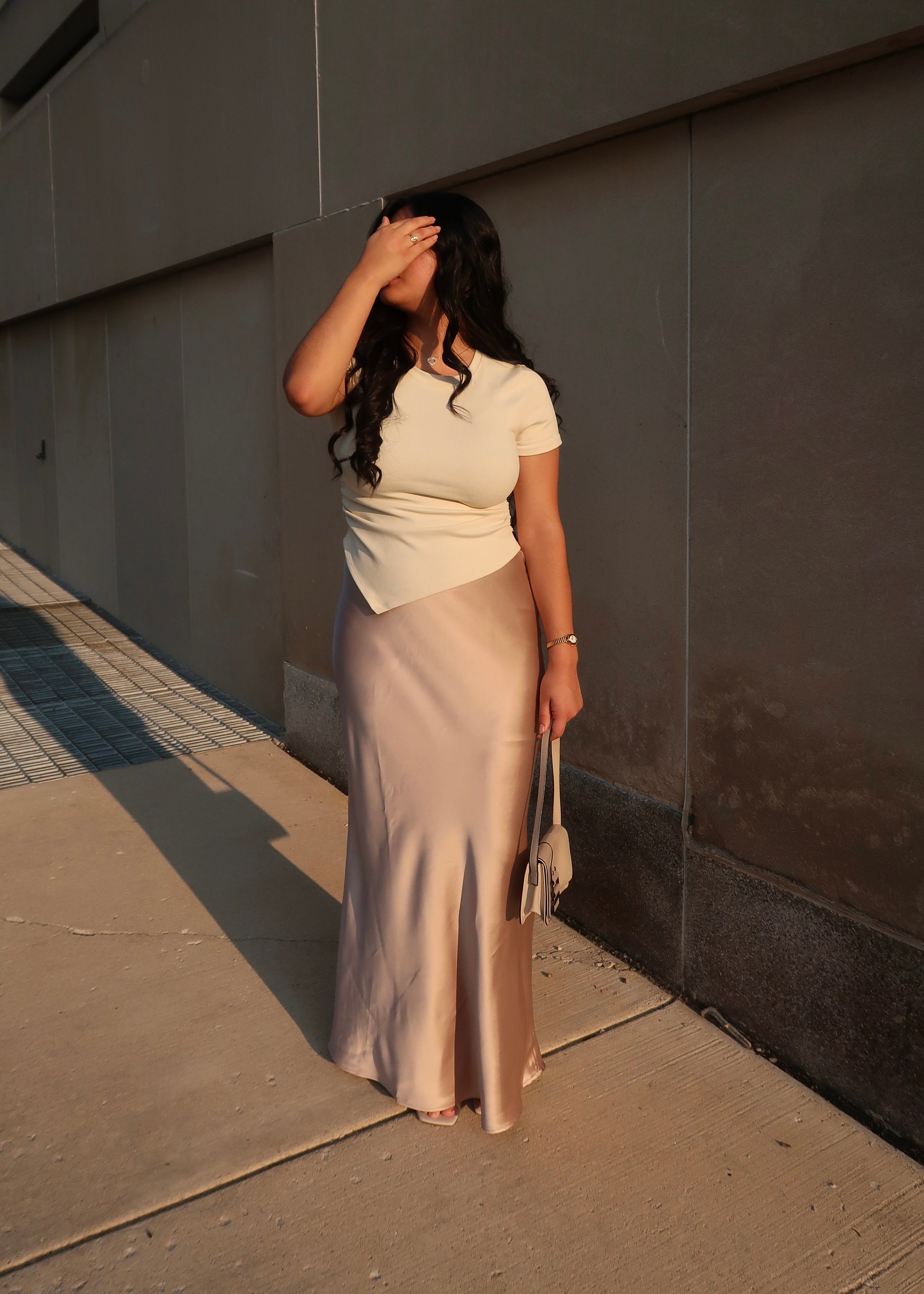 beige maxi satin skirt