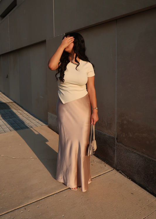 beige maxi satin skirt