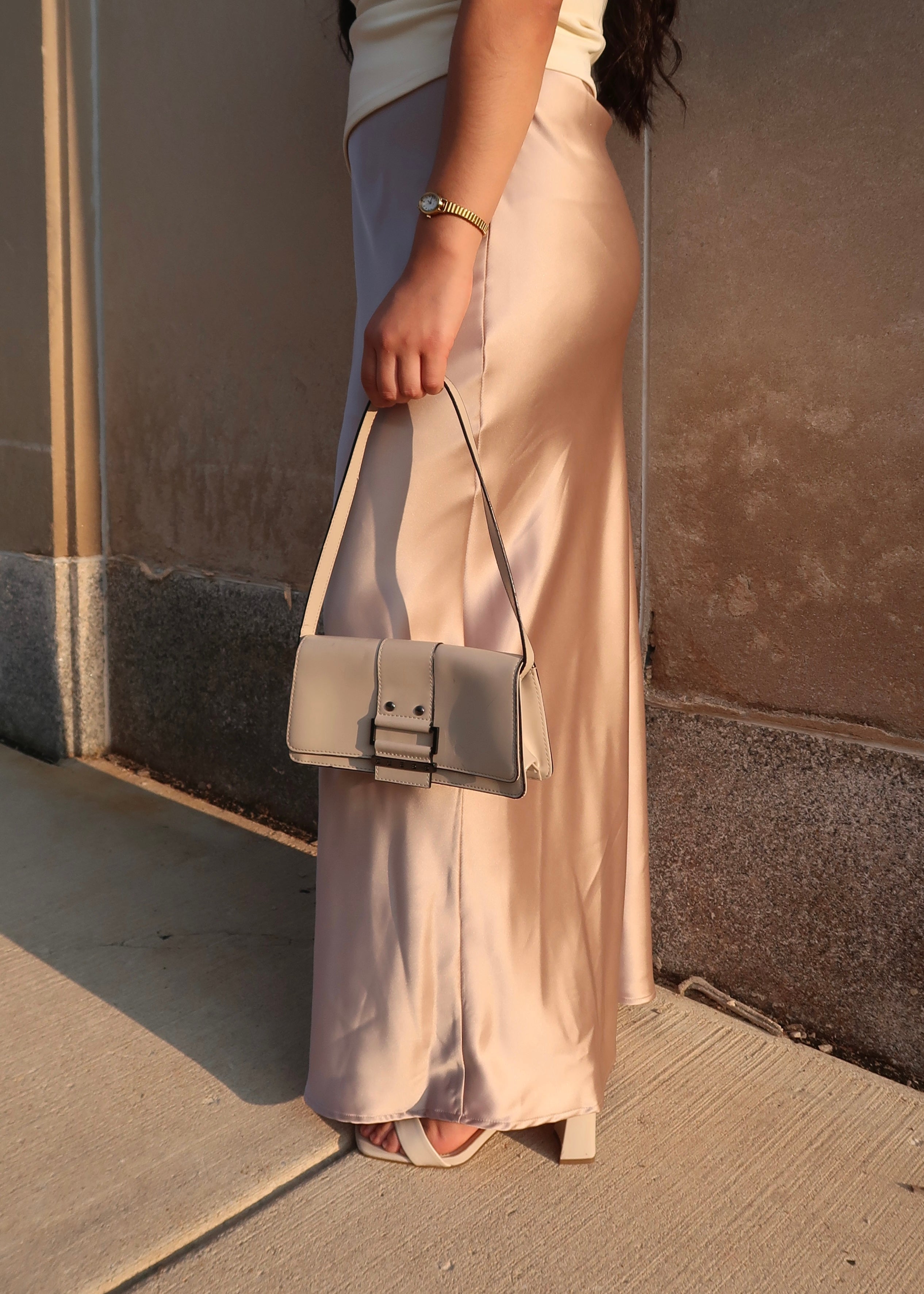 beige maxi satin skirt