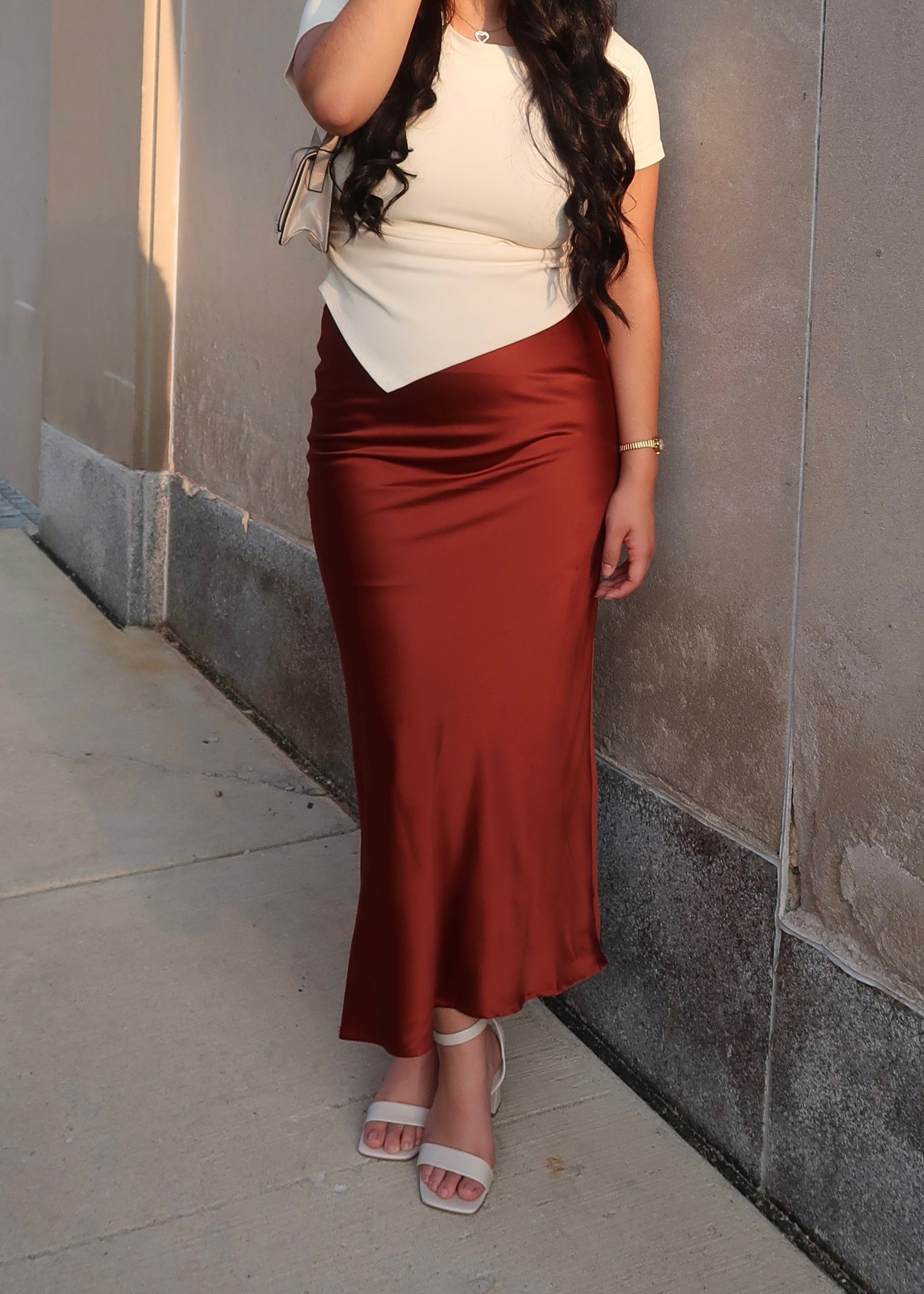 rust orange, dark orange, sienna satin midi skirt 