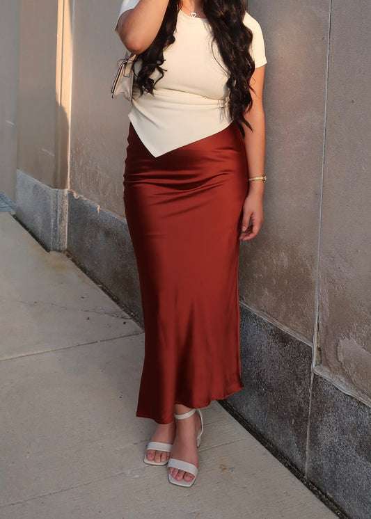 rust orange, dark orange, sienna satin midi skirt 