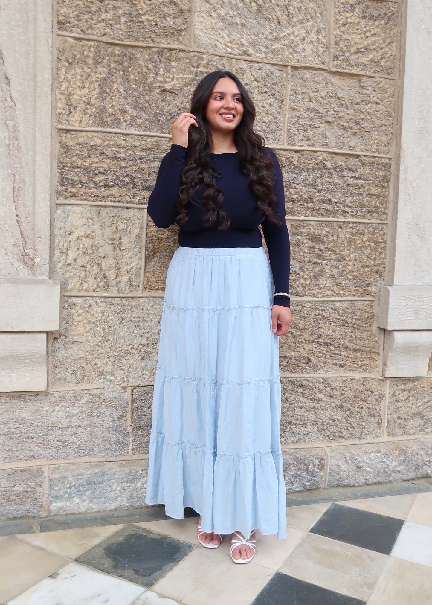 baby blue tiered maxi skirt 