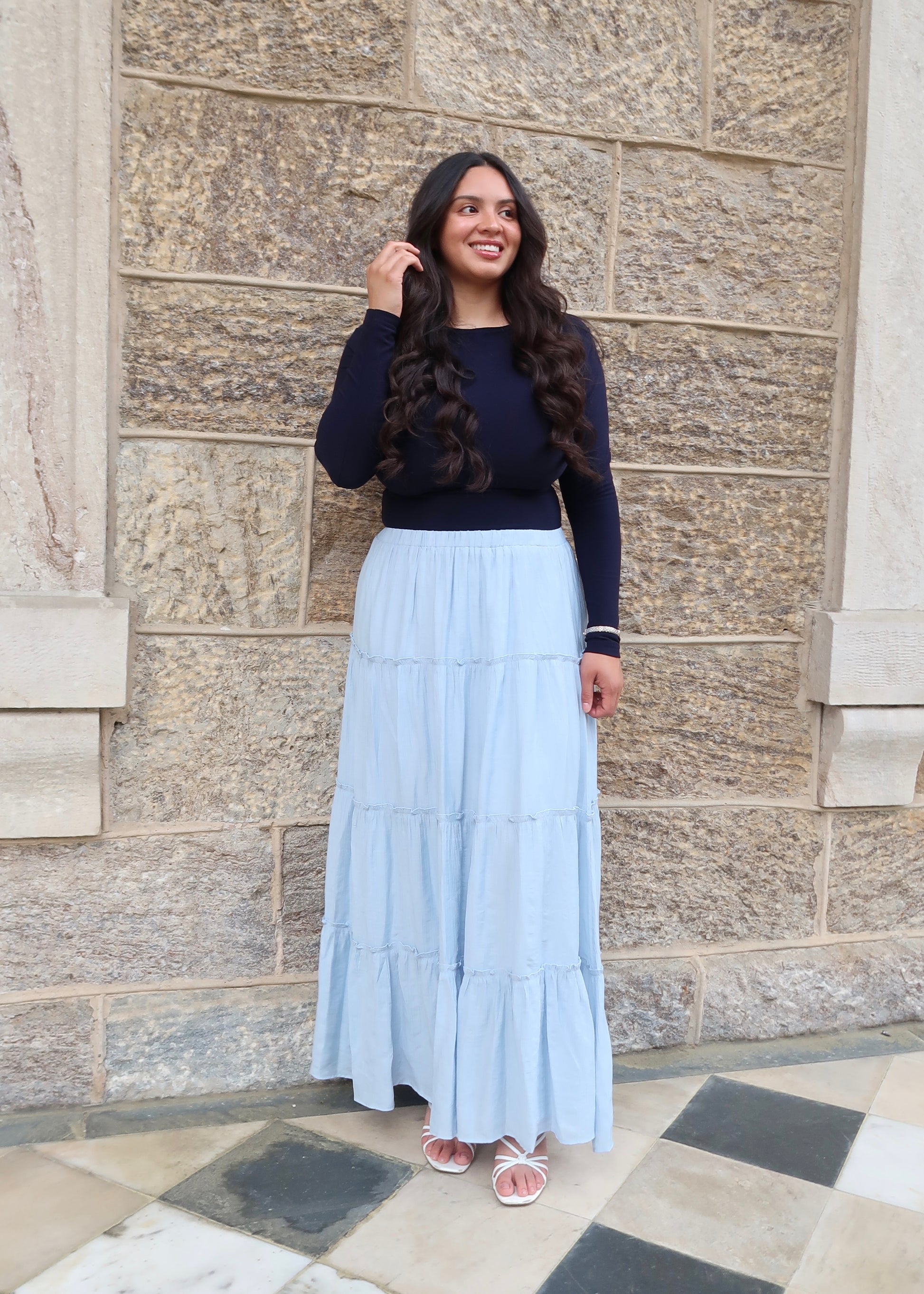 baby blue tiered maxi skirt 