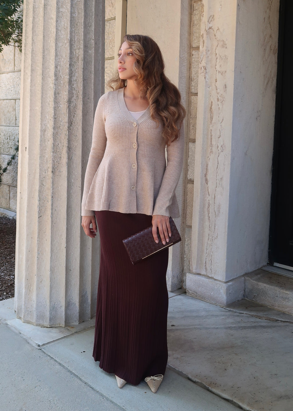 Peplum long sleeve sweater cardigan, button down, v-neck, wheat, neutral