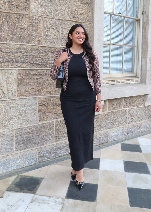 Black denim maxi dress, sleeveless, round neck