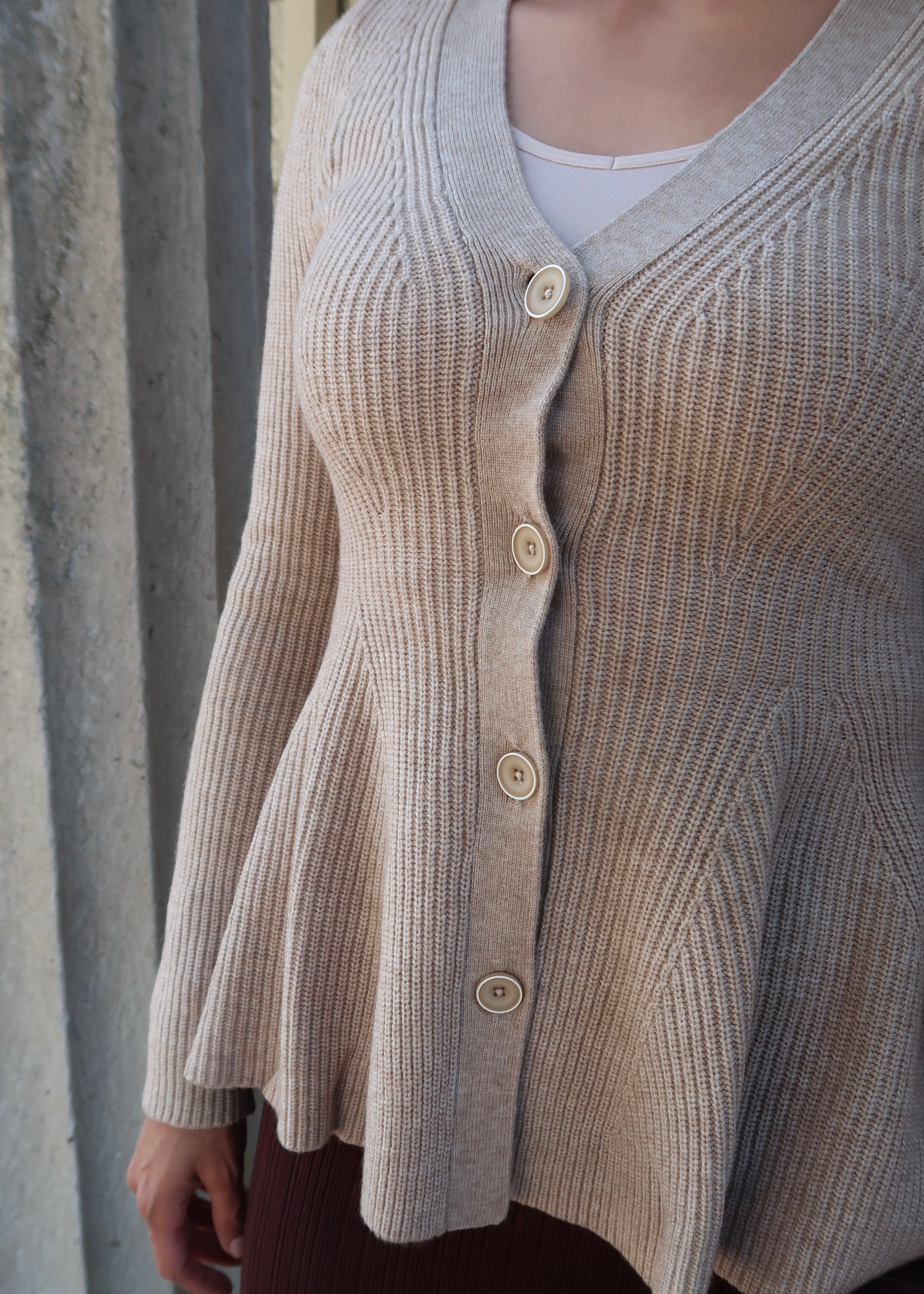 Peplum long sleeve sweater cardigan, button down, v-neck, wheat, neutral