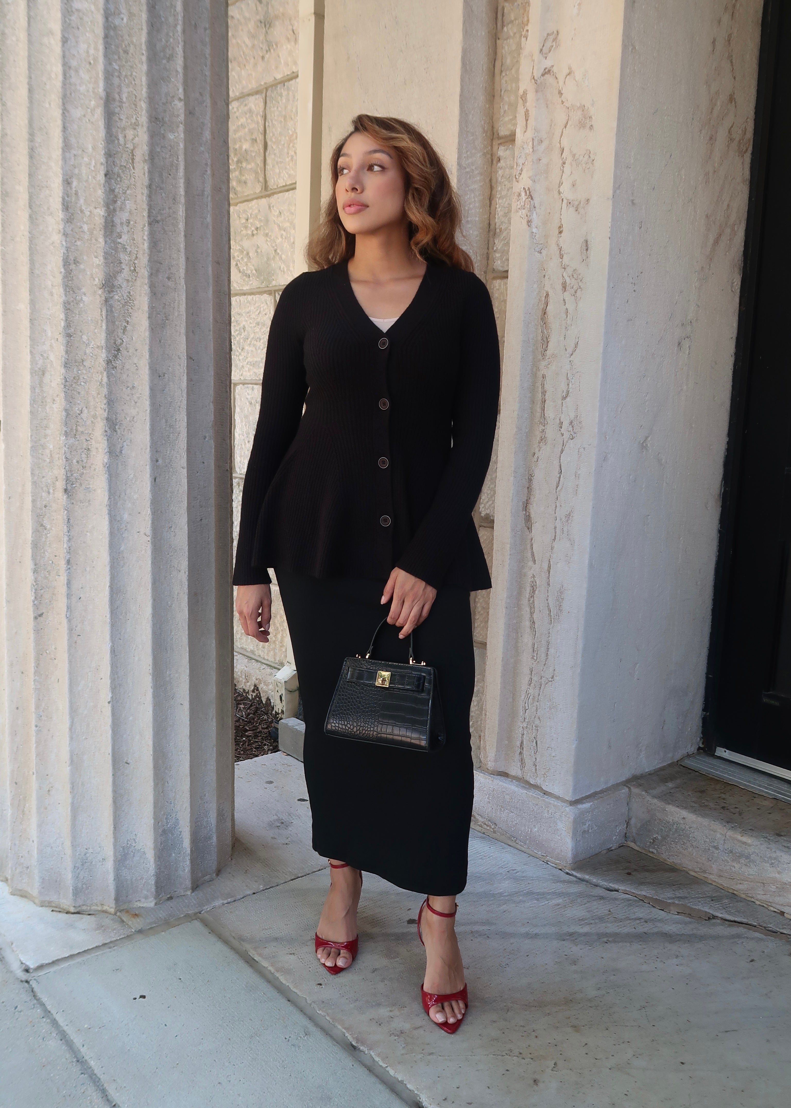 black peplum long sleeve cardigan sweater, button down, v-neck
