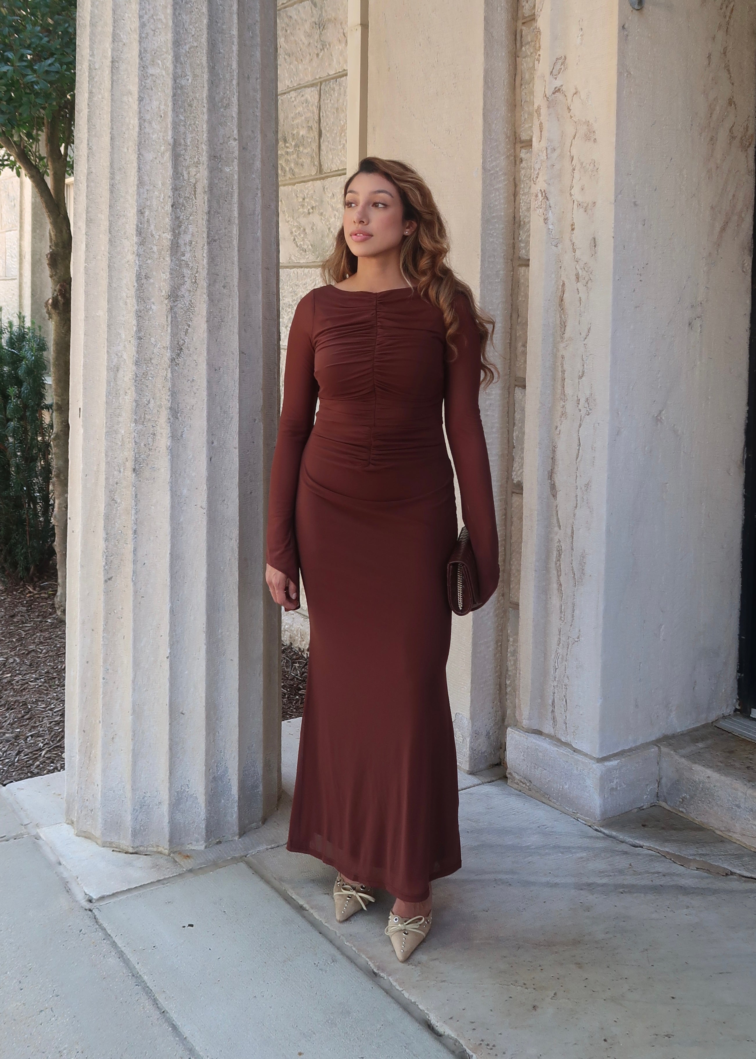 brown satin maxi dress, mesh, see through sleeves, flare sleeves, ruched