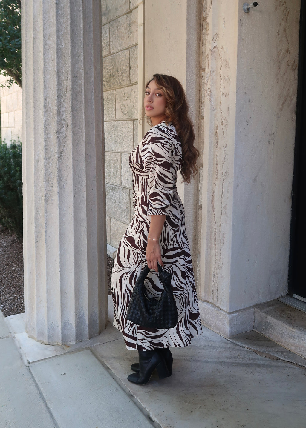Brown and cream zebra print midi dress, long sleeve, v-neck 