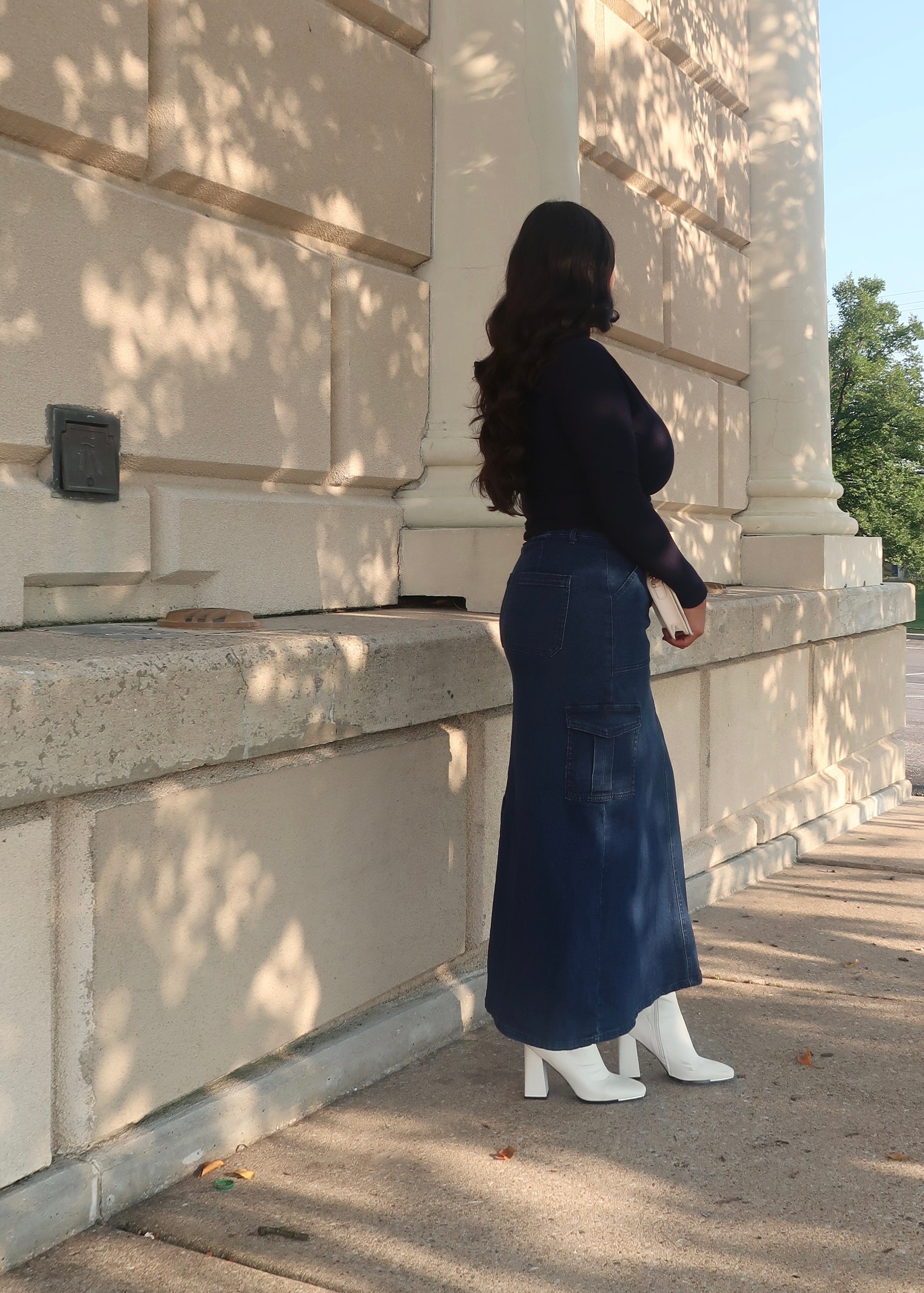 dark blue indigo denim maxi cargo skirt