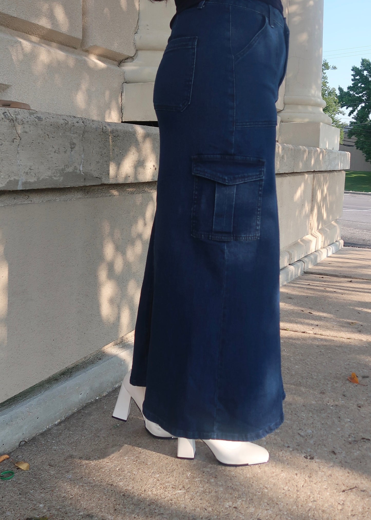 dark blue indigo denim maxi cargo skirt