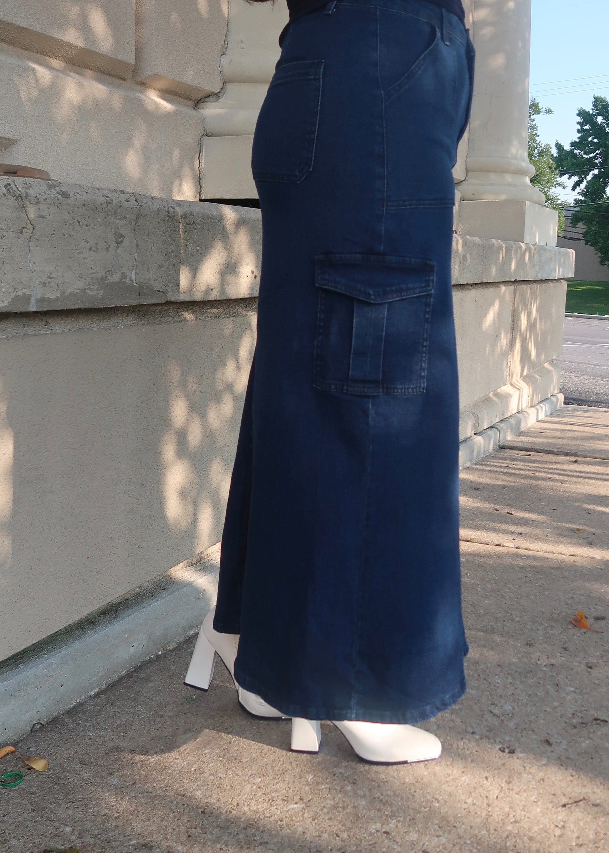 dark blue indigo denim maxi cargo skirt