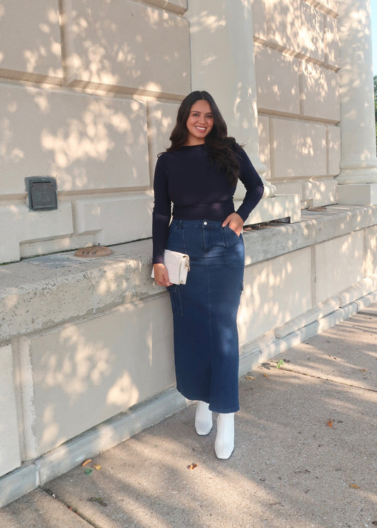 dark blue indigo denim maxi cargo skirt