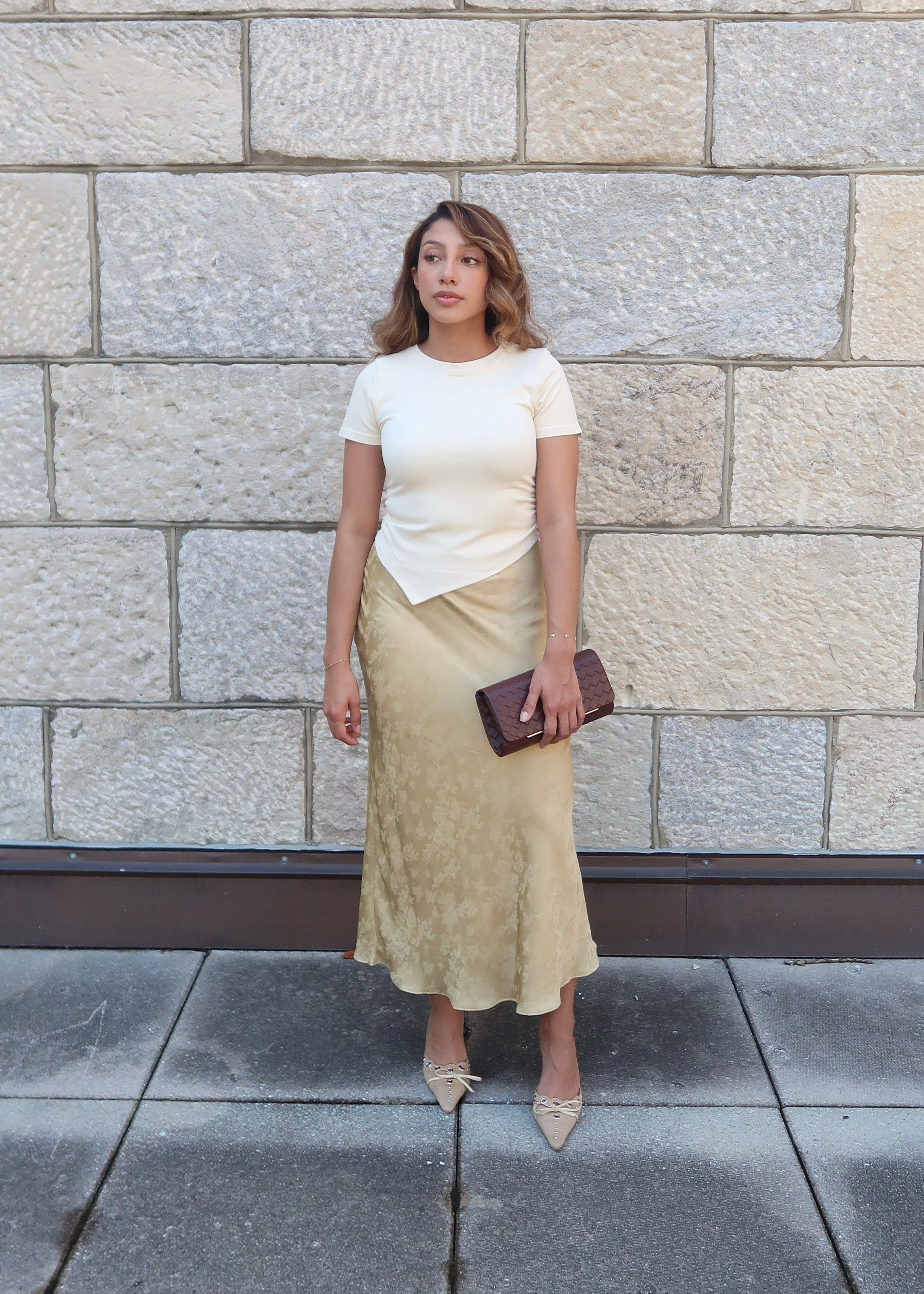 mustard maxi length jacquard print satin skirt 
