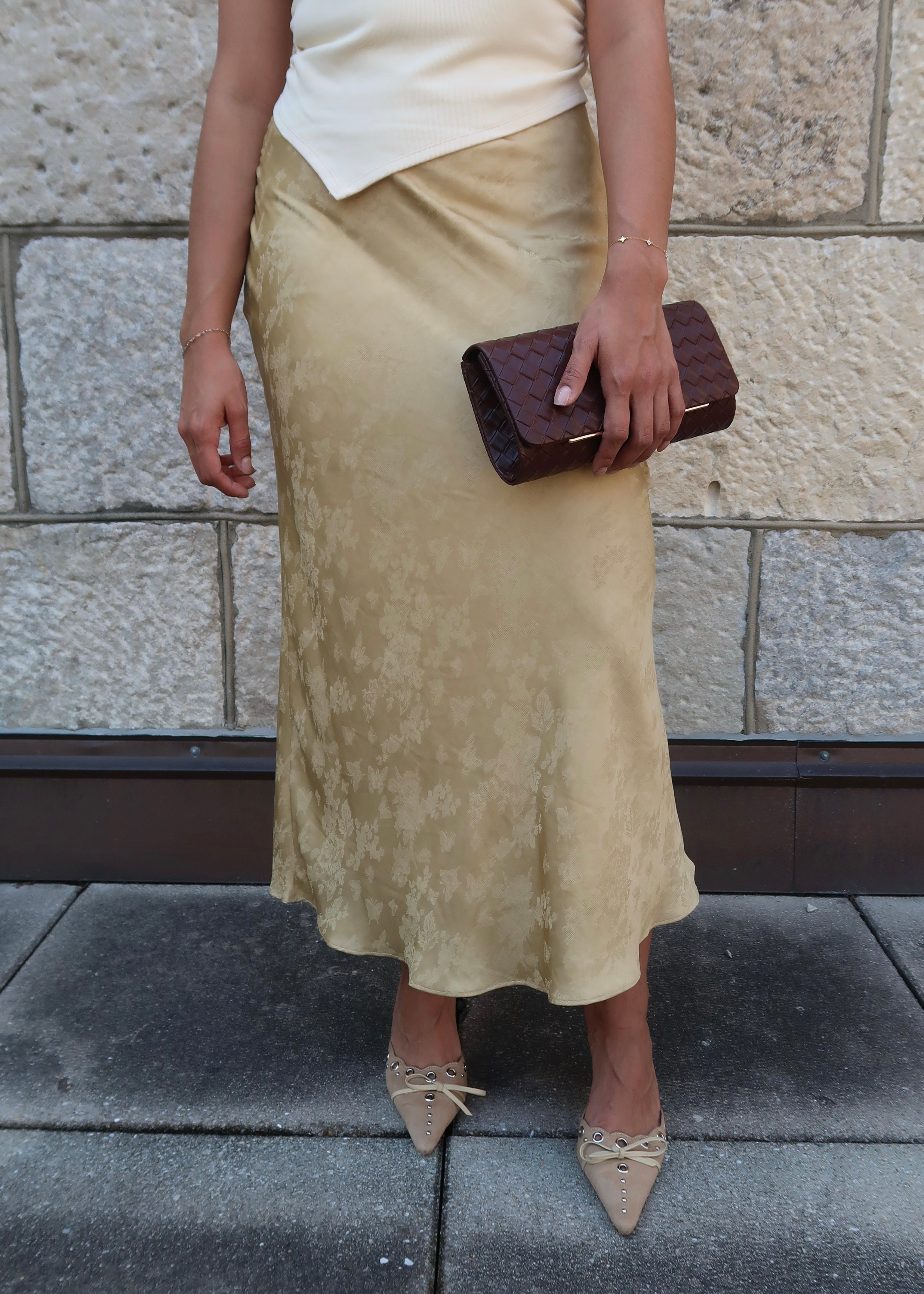 mustard maxi length jacquard print satin skirt 