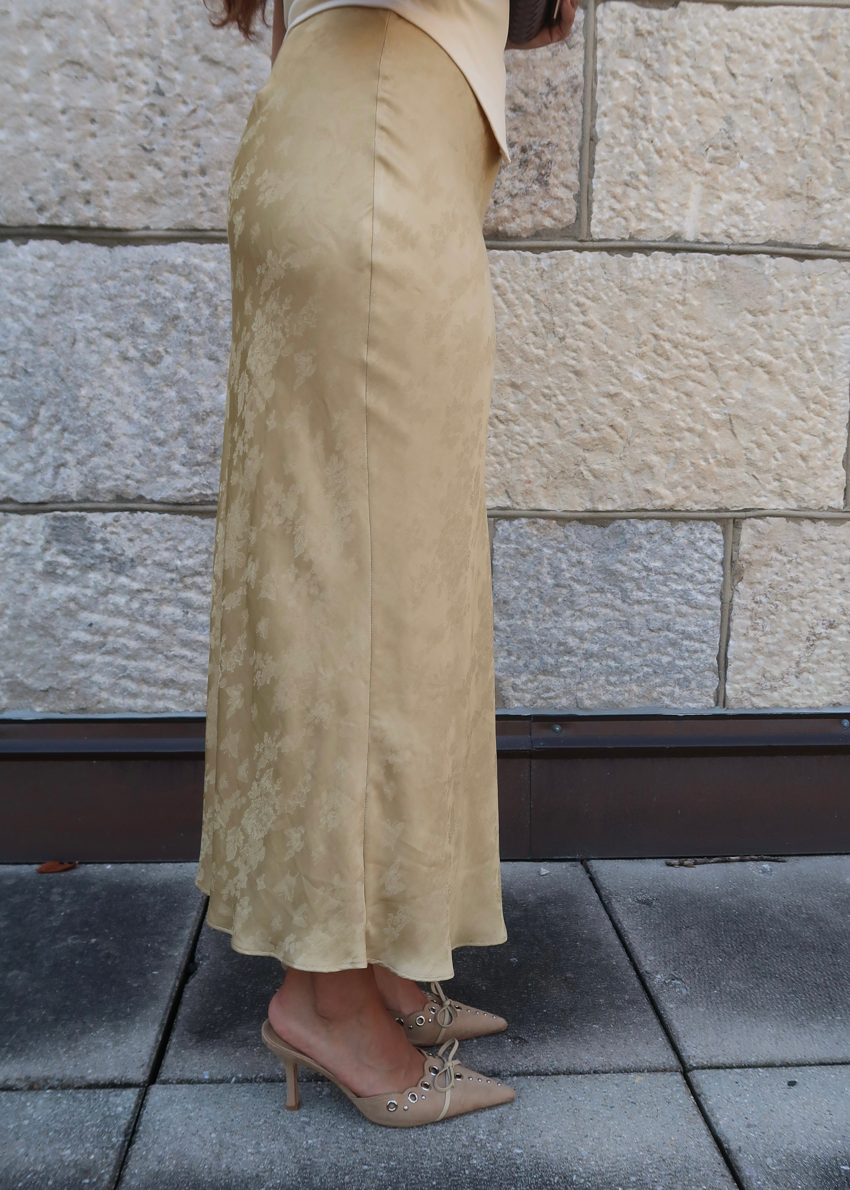 mustard maxi length jacquard print satin skirt 