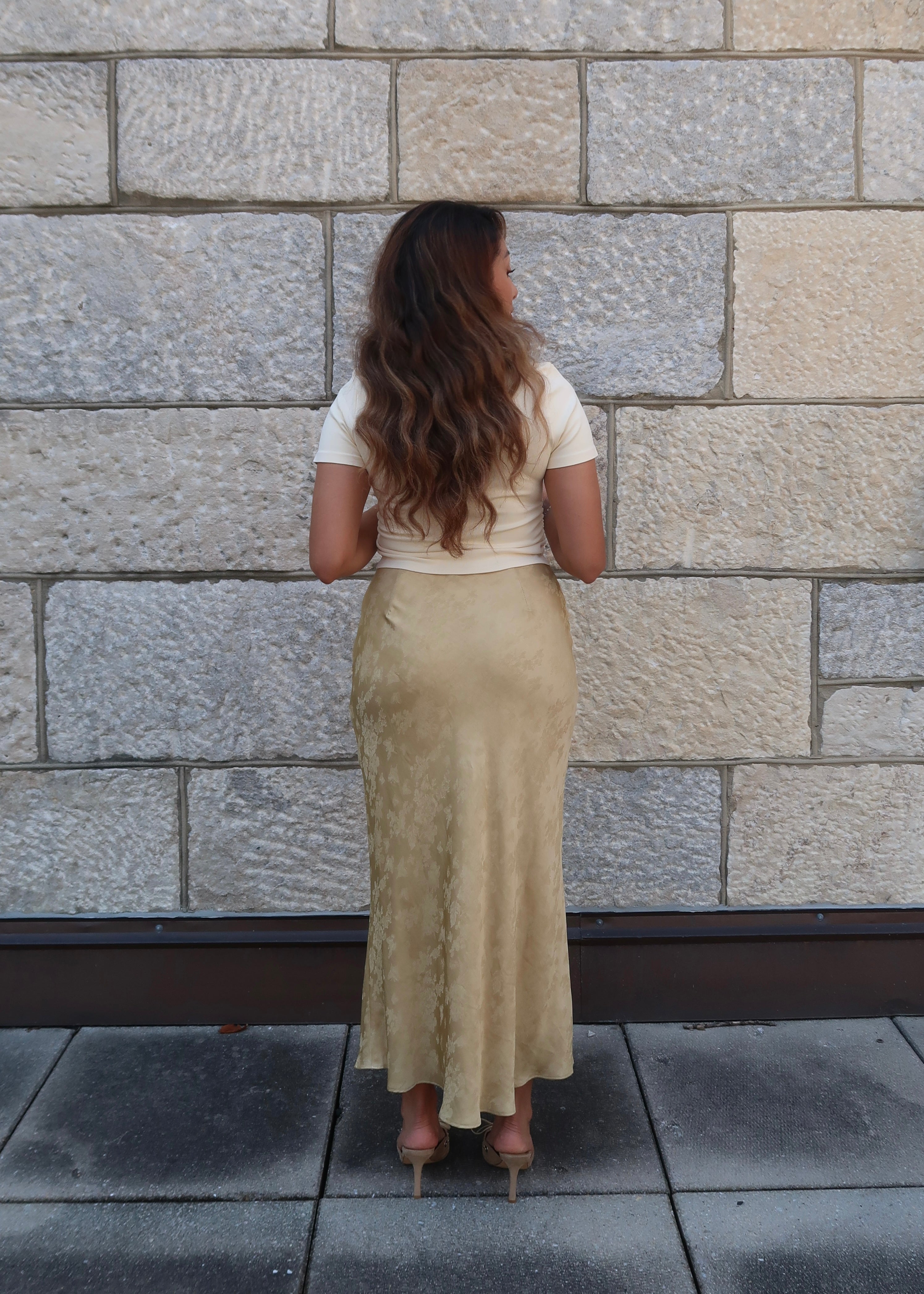 mustard maxi length jacquard print satin skirt 