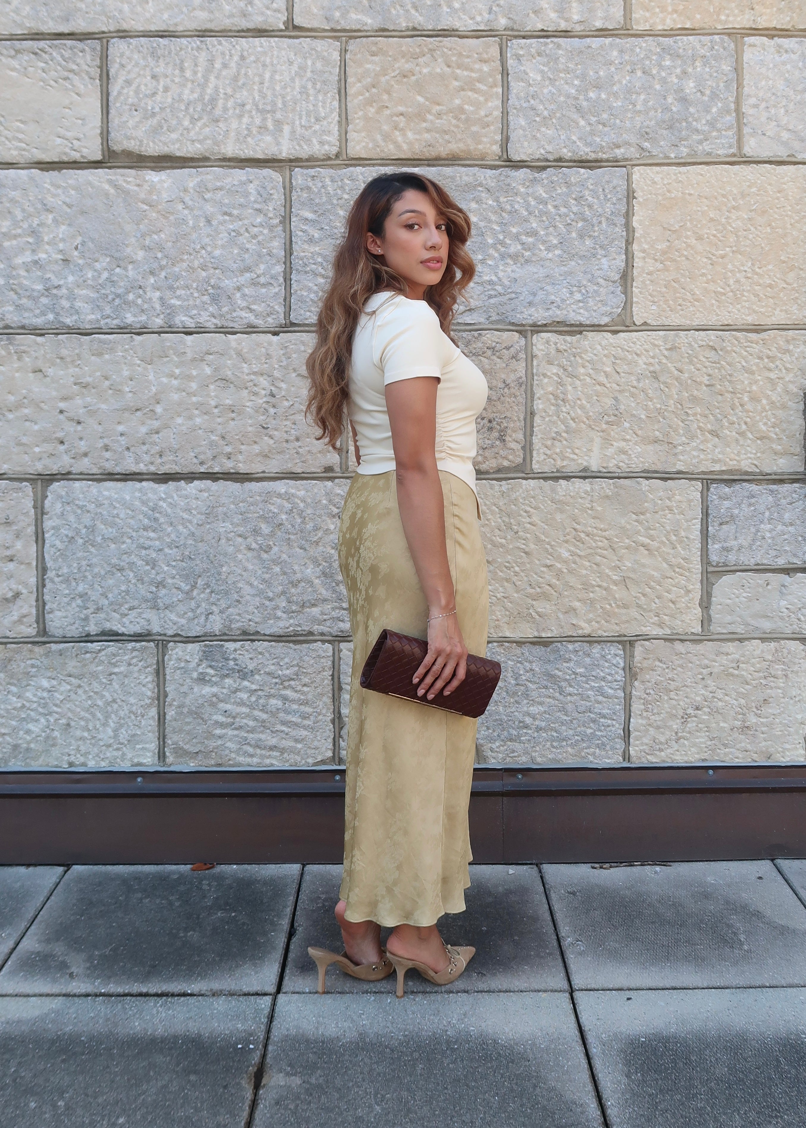 mustard maxi length jacquard print satin skirt 