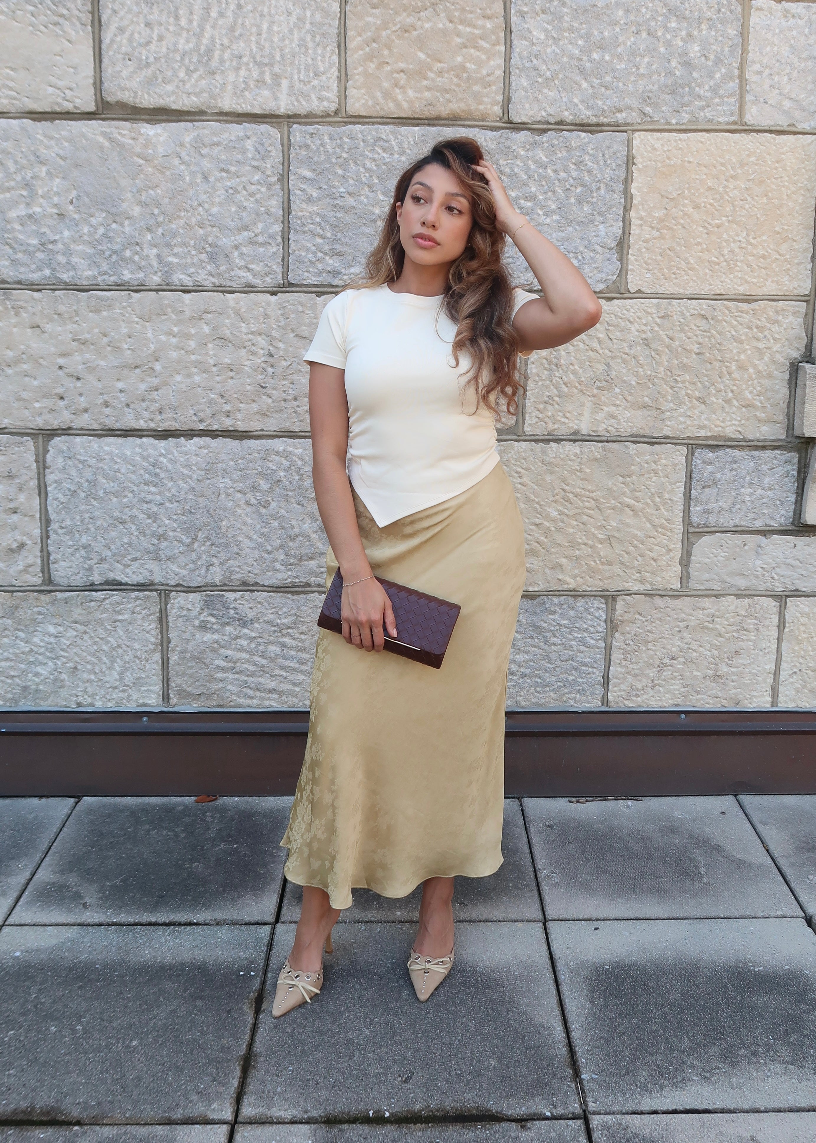 mustard maxi length jacquard print satin skirt 