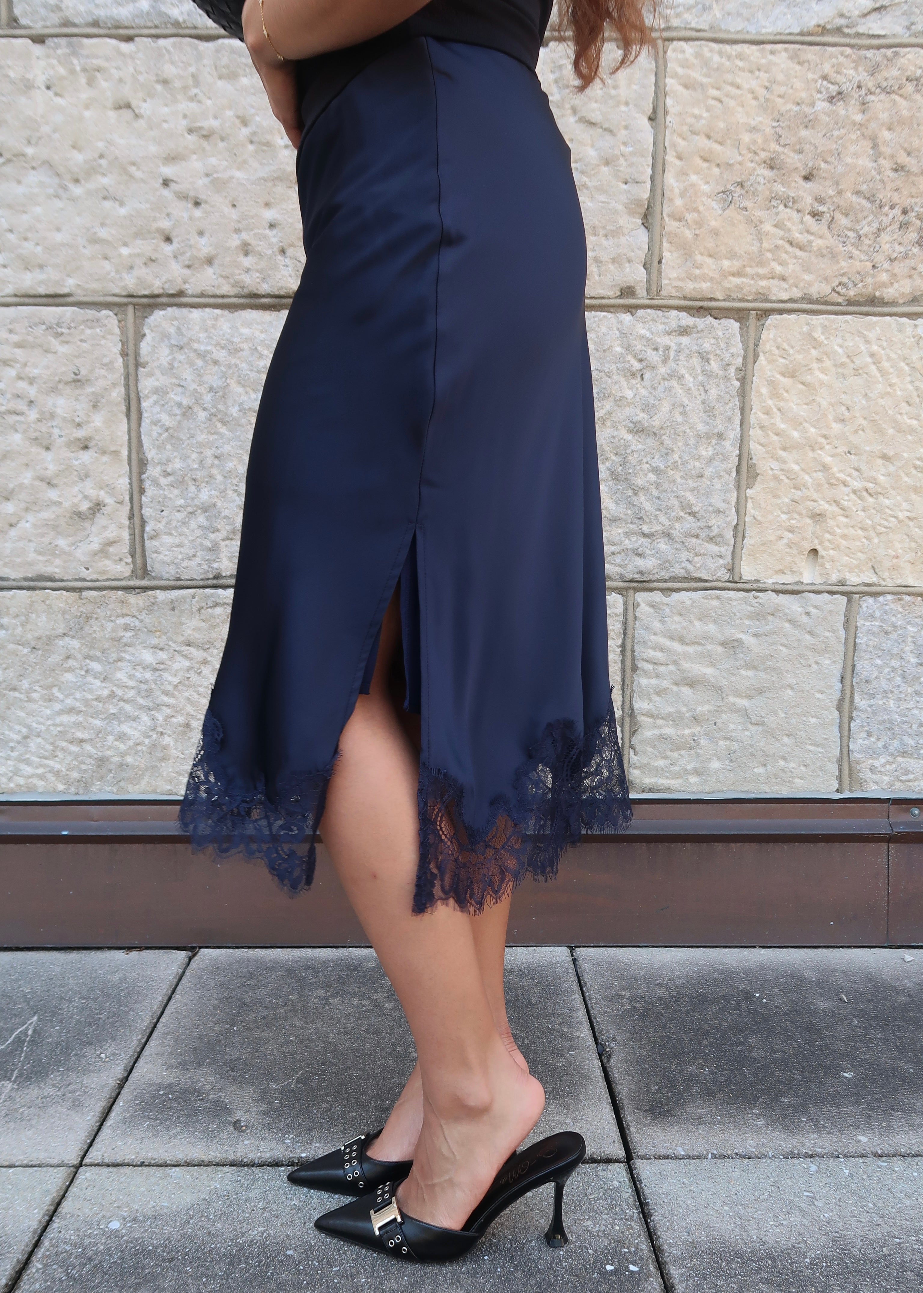 navy blue lace satin skirt, side slit