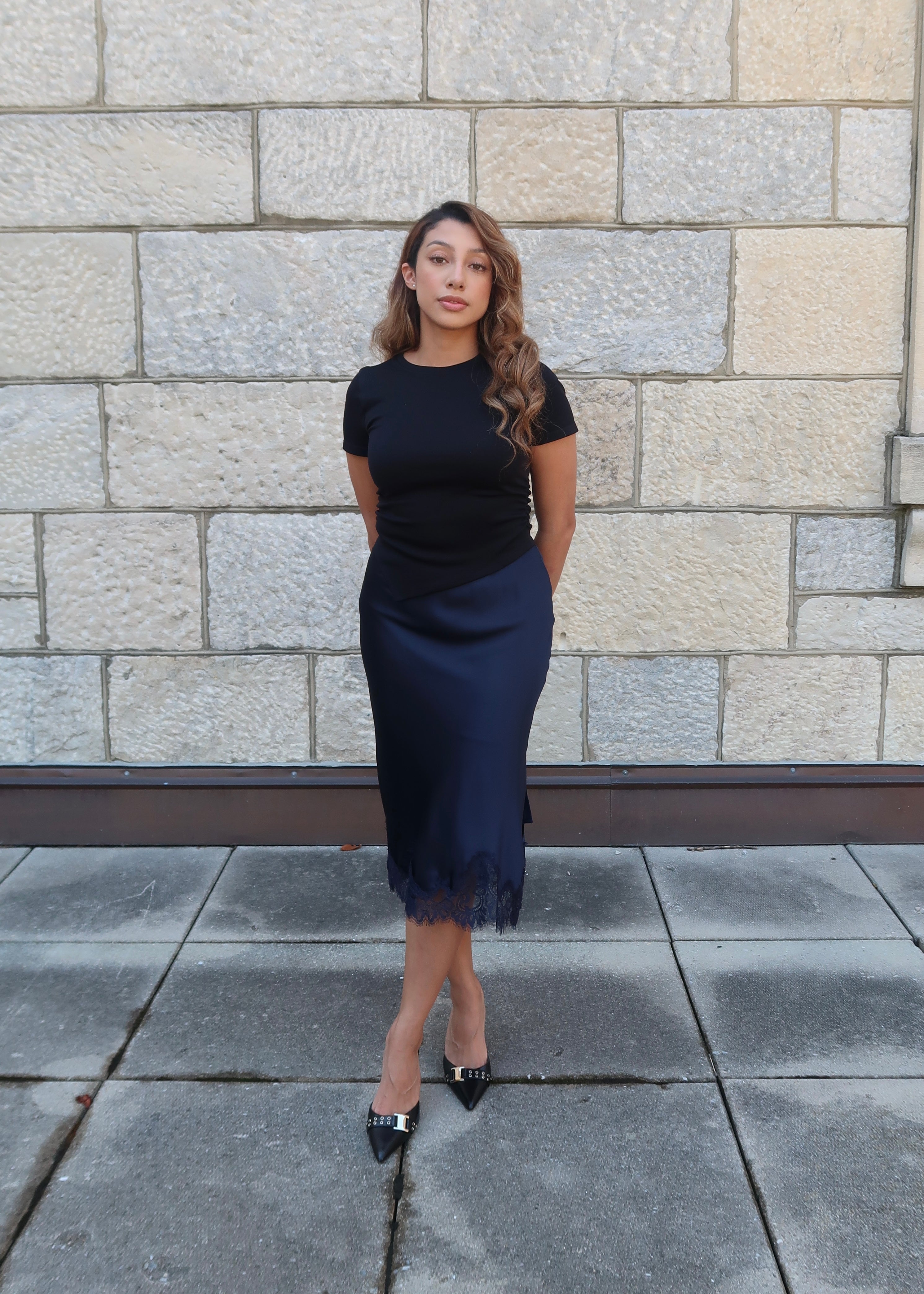 navy blue lace satin skirt, side slit