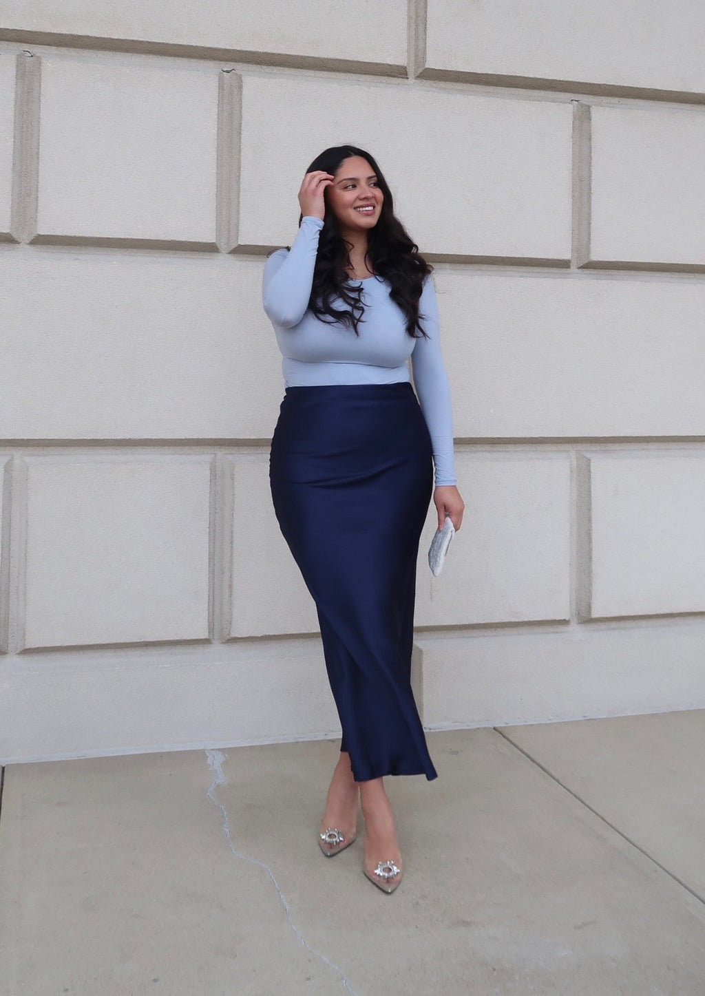 navy blue maxi satin skirt