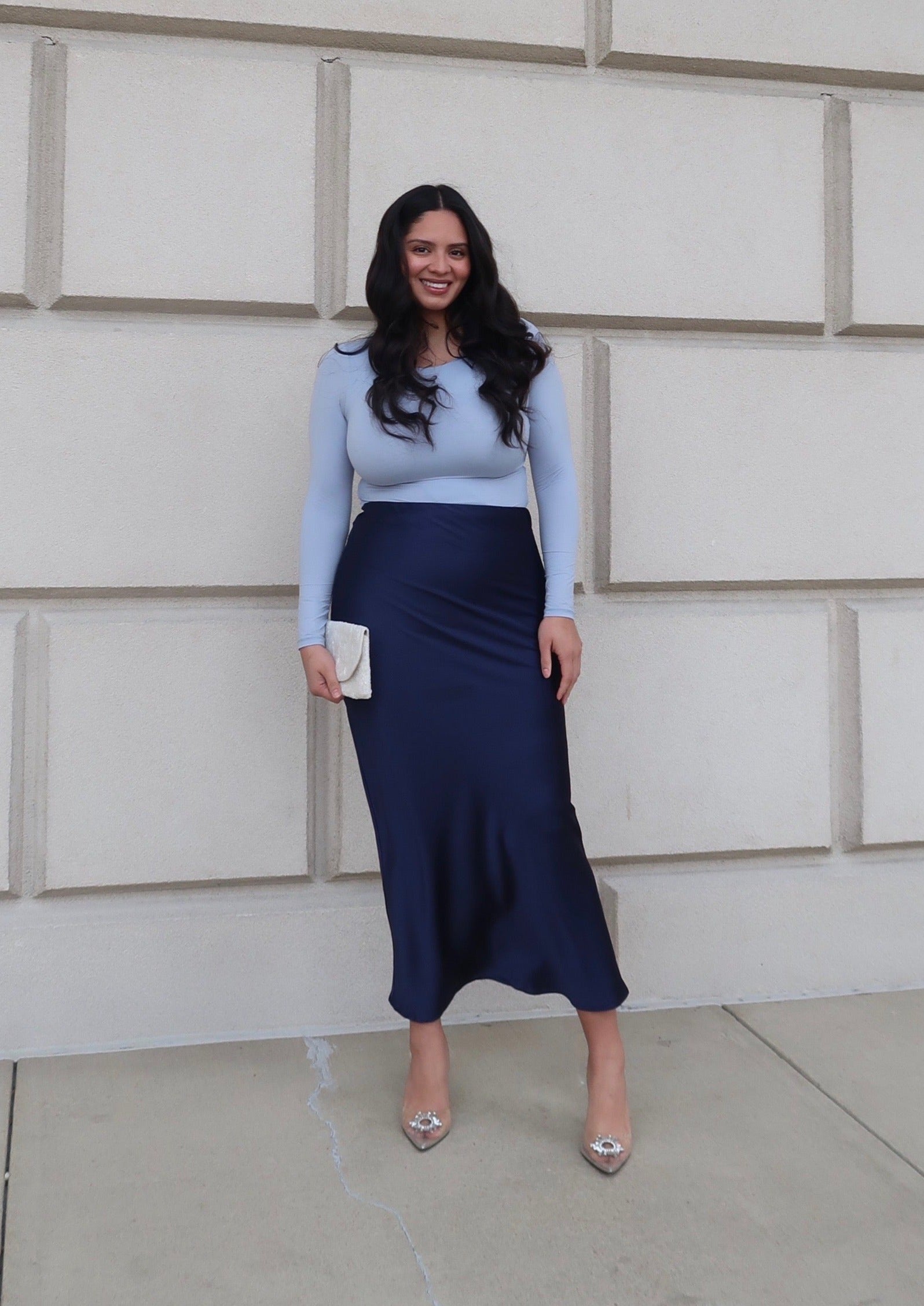 navy blue maxi satin skirt