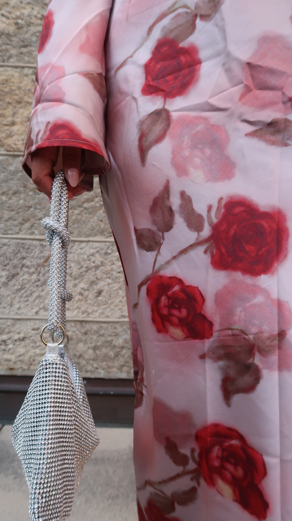 pink floral maxi satin dress, long sleeve, flare sleeve