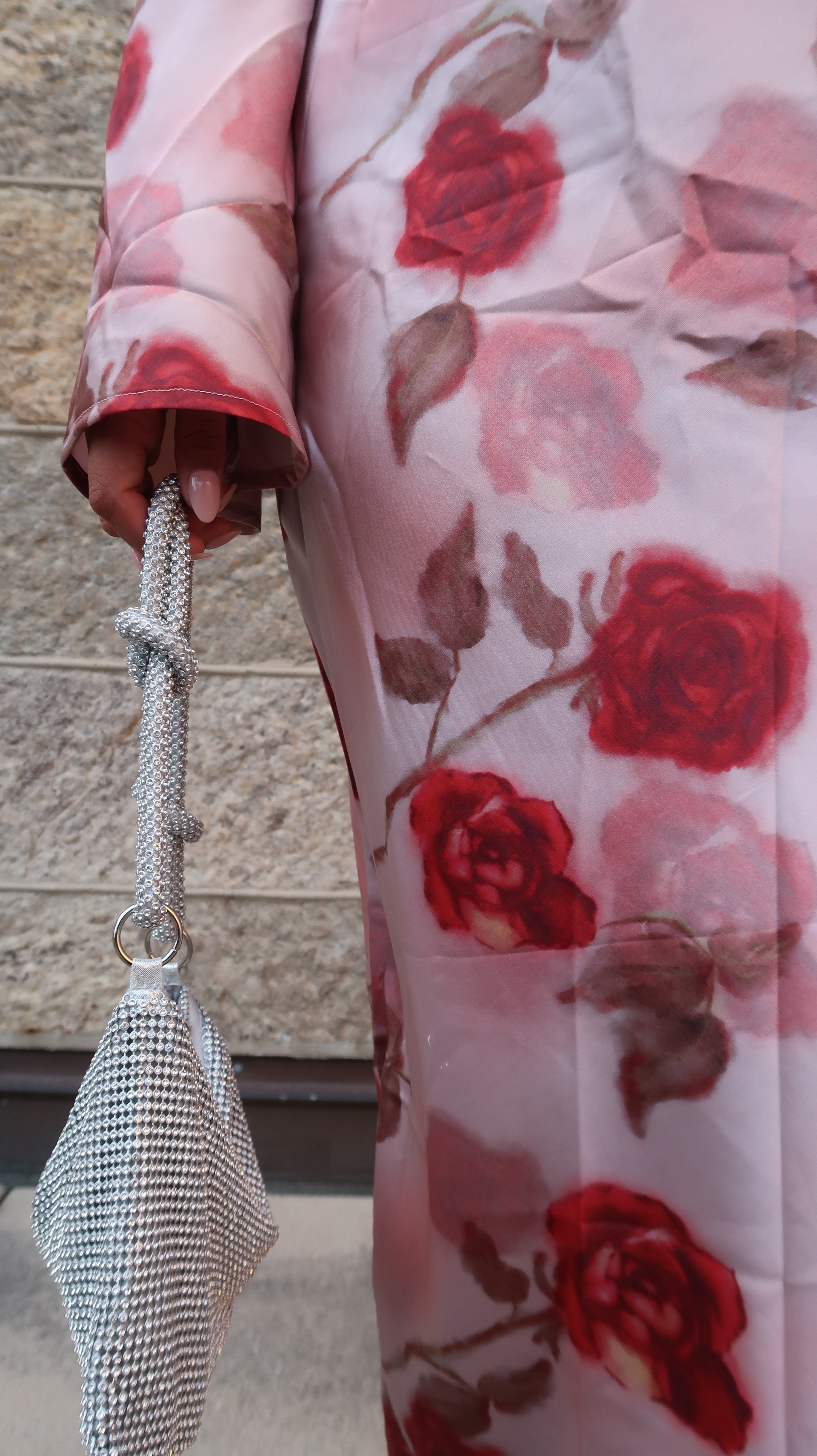 pink floral maxi satin dress, long sleeve, flare sleeve