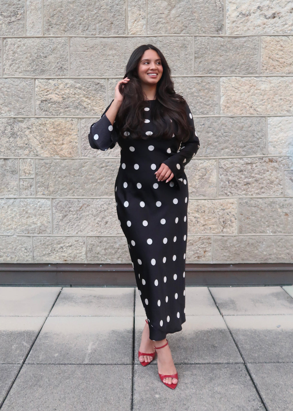 black polka dot maxi satin dress, long sleeve, flare sleeve