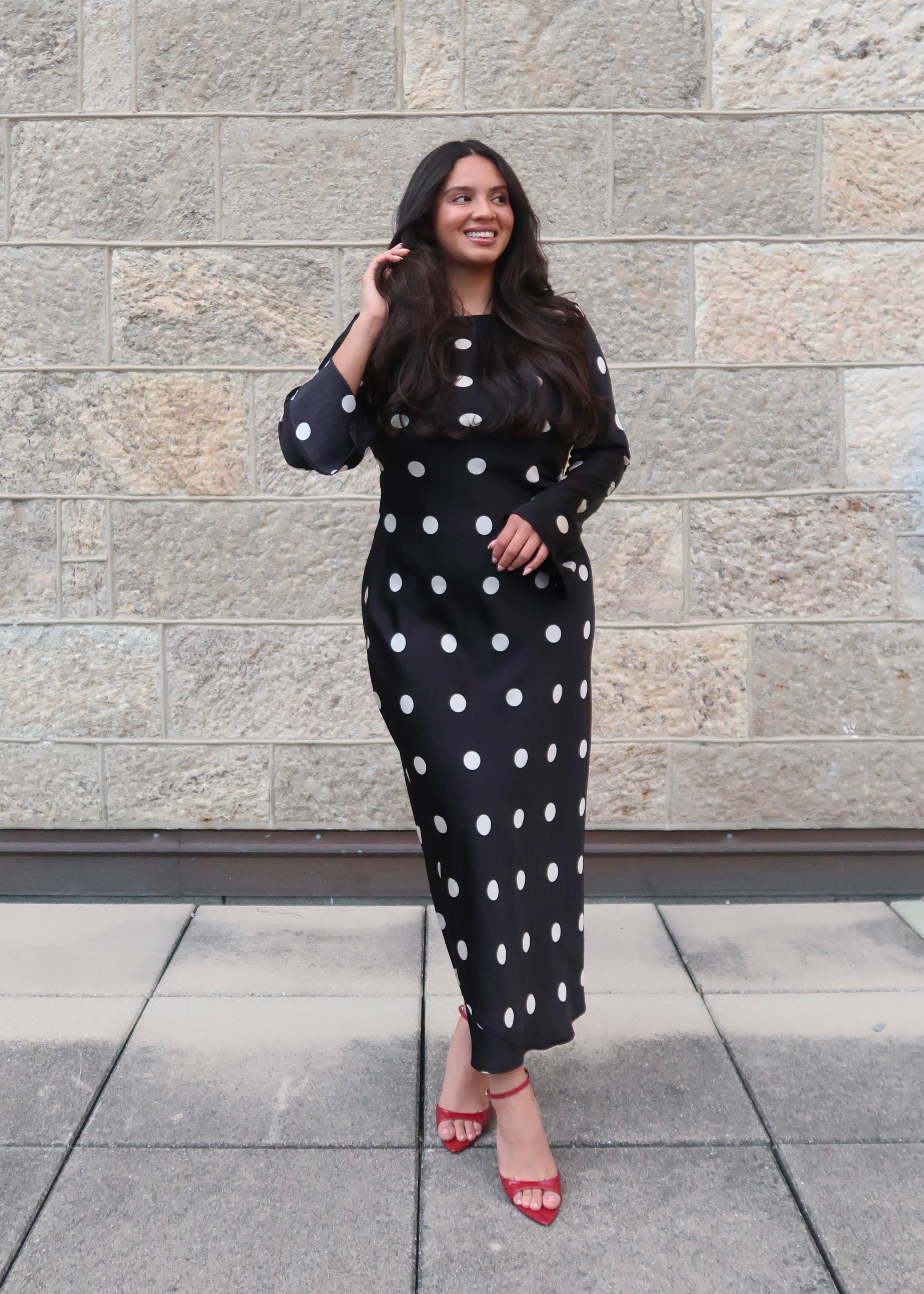 black polka dot maxi satin dress, long sleeve, flare sleeve